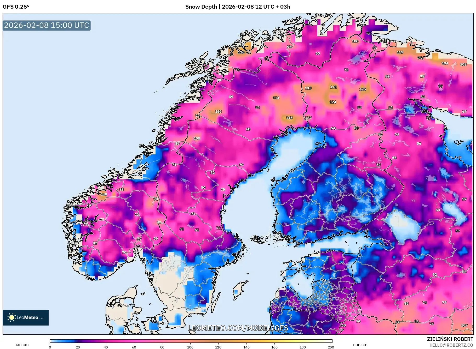 GFS model - Scandinavia, Snow Depth