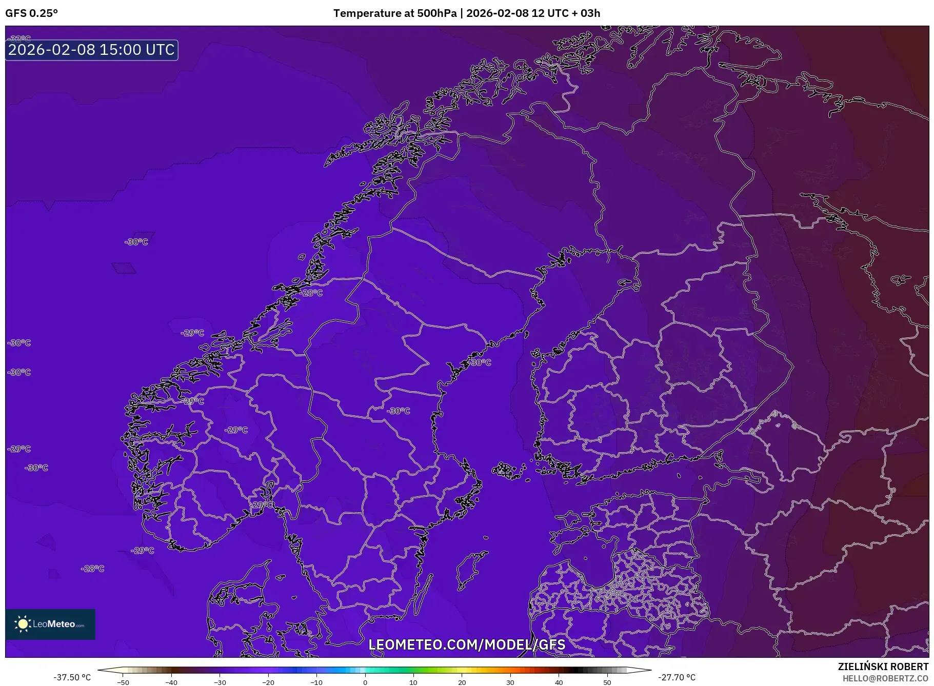 GFS model - Scandinavia, Temperature at 500hPa