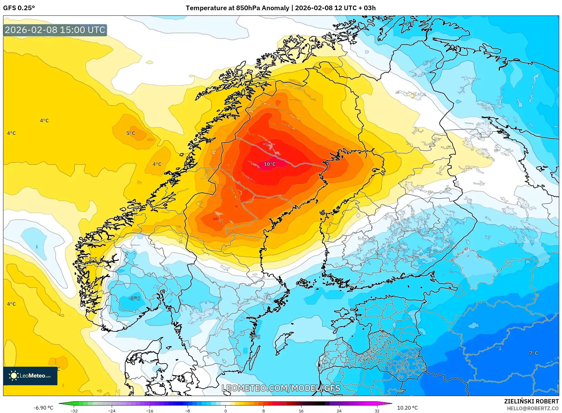 GFS model - Scandinavia, Temperature at 850hPa Anomaly