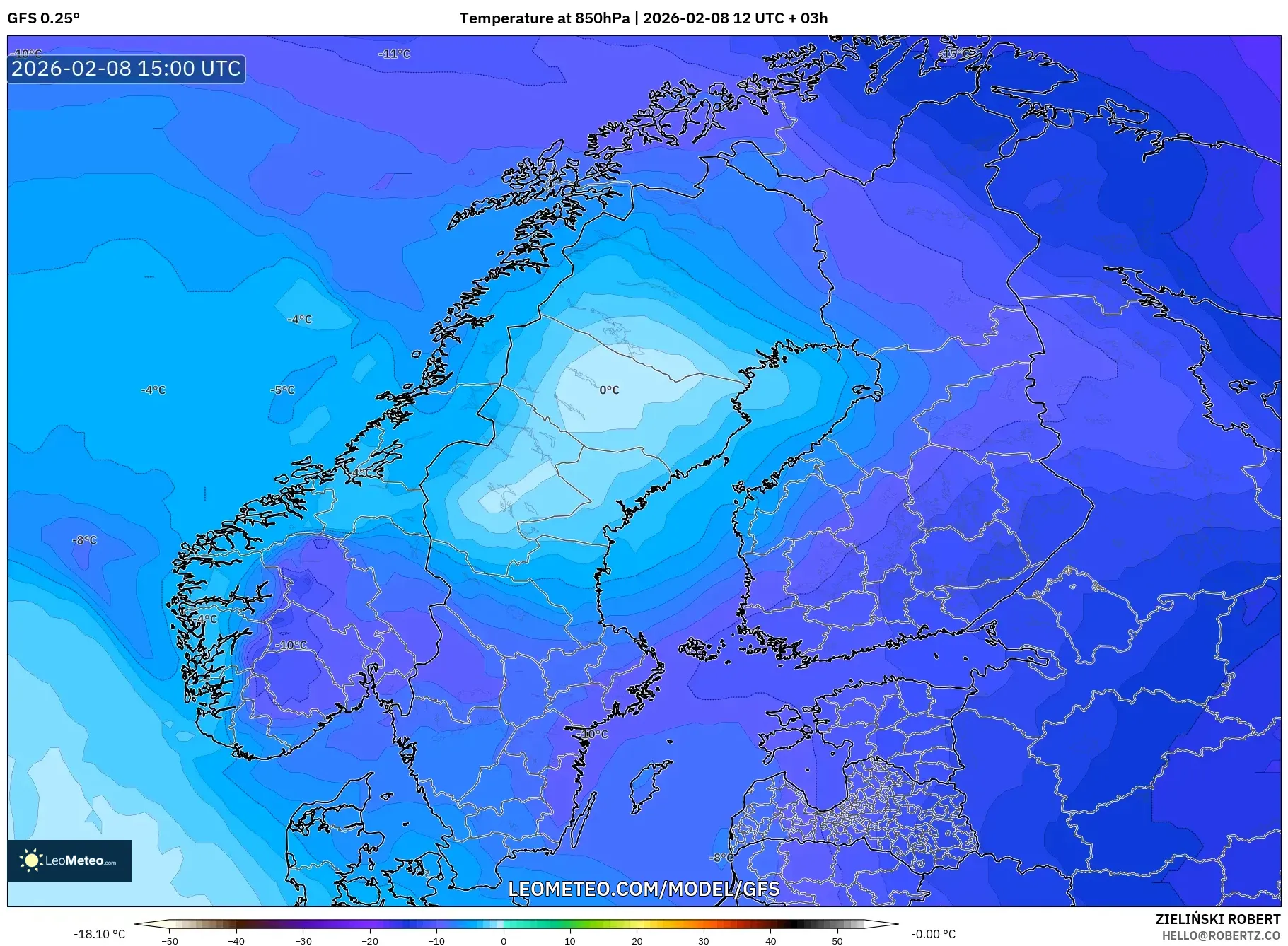 GFS model - Scandinavia, Temperature at 850hPa