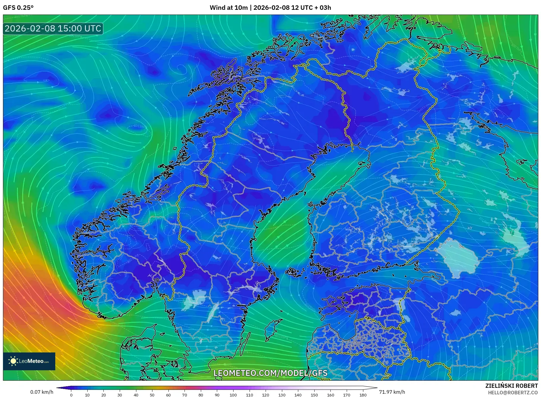 GFS model - Scandinavia, Wind at 10m