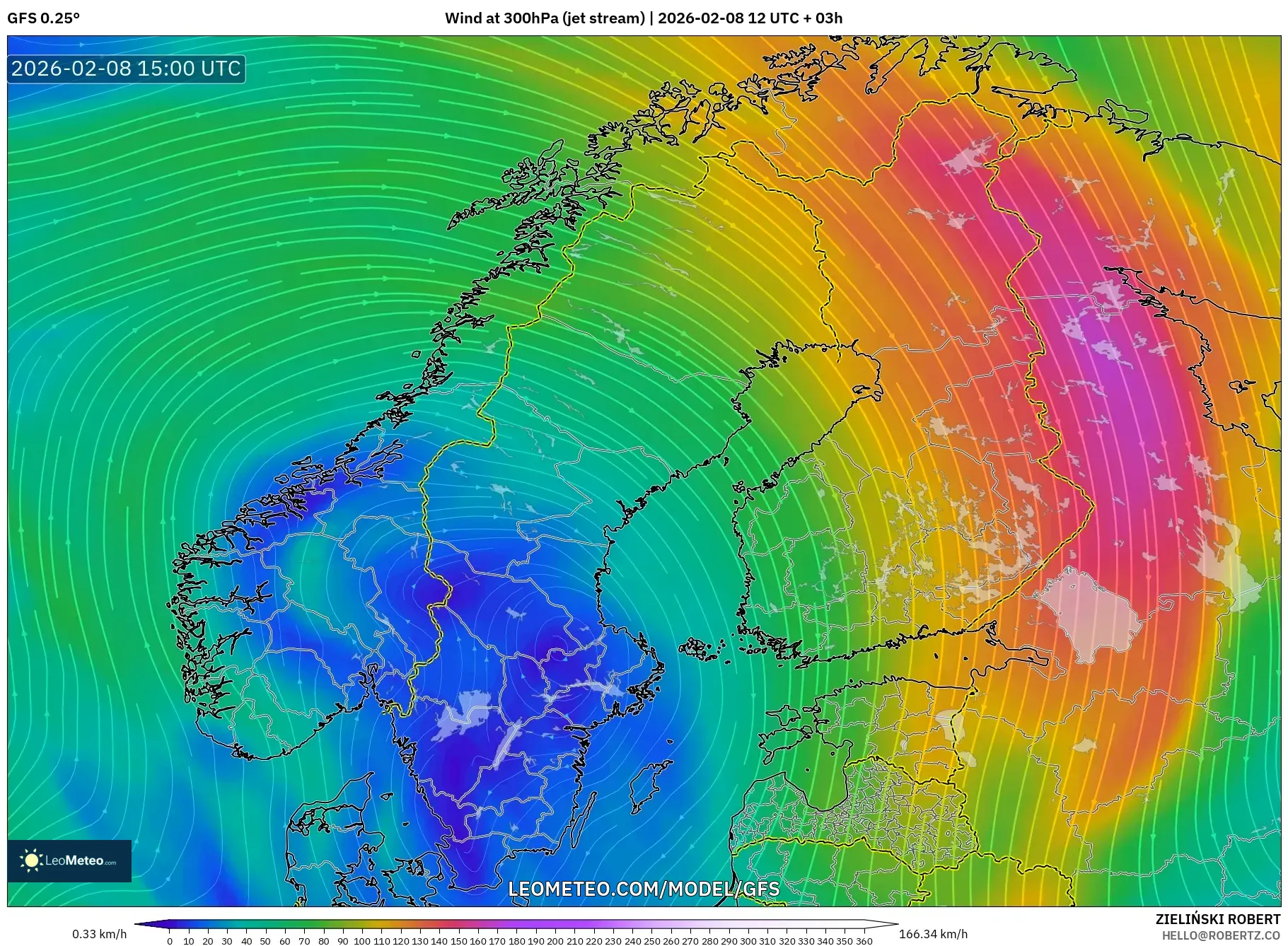 GFS model - Scandinavia, Wind at 300hPa (jet stream)