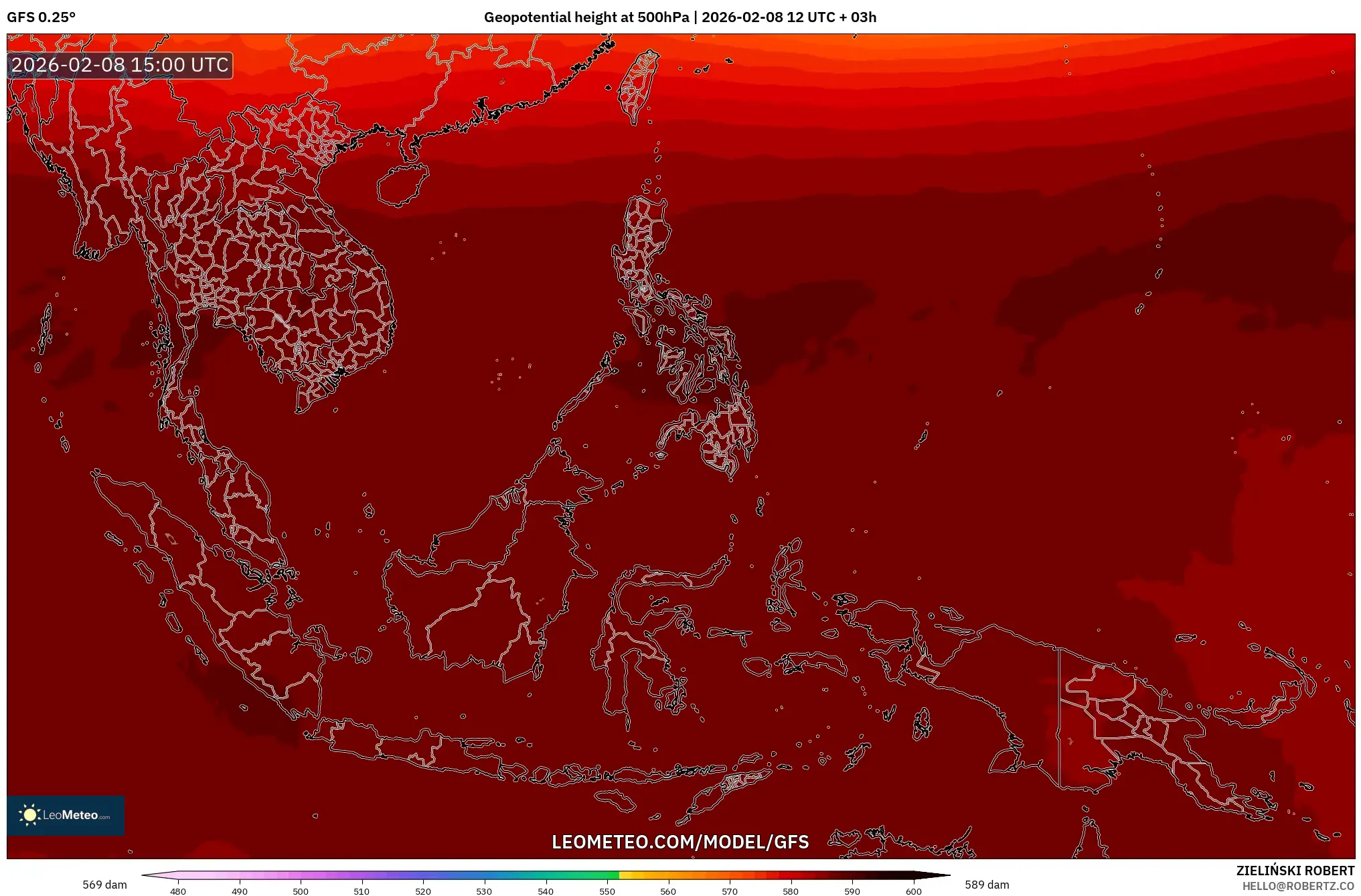 GFS model - South East Asia, Geopotential height at 500hPa