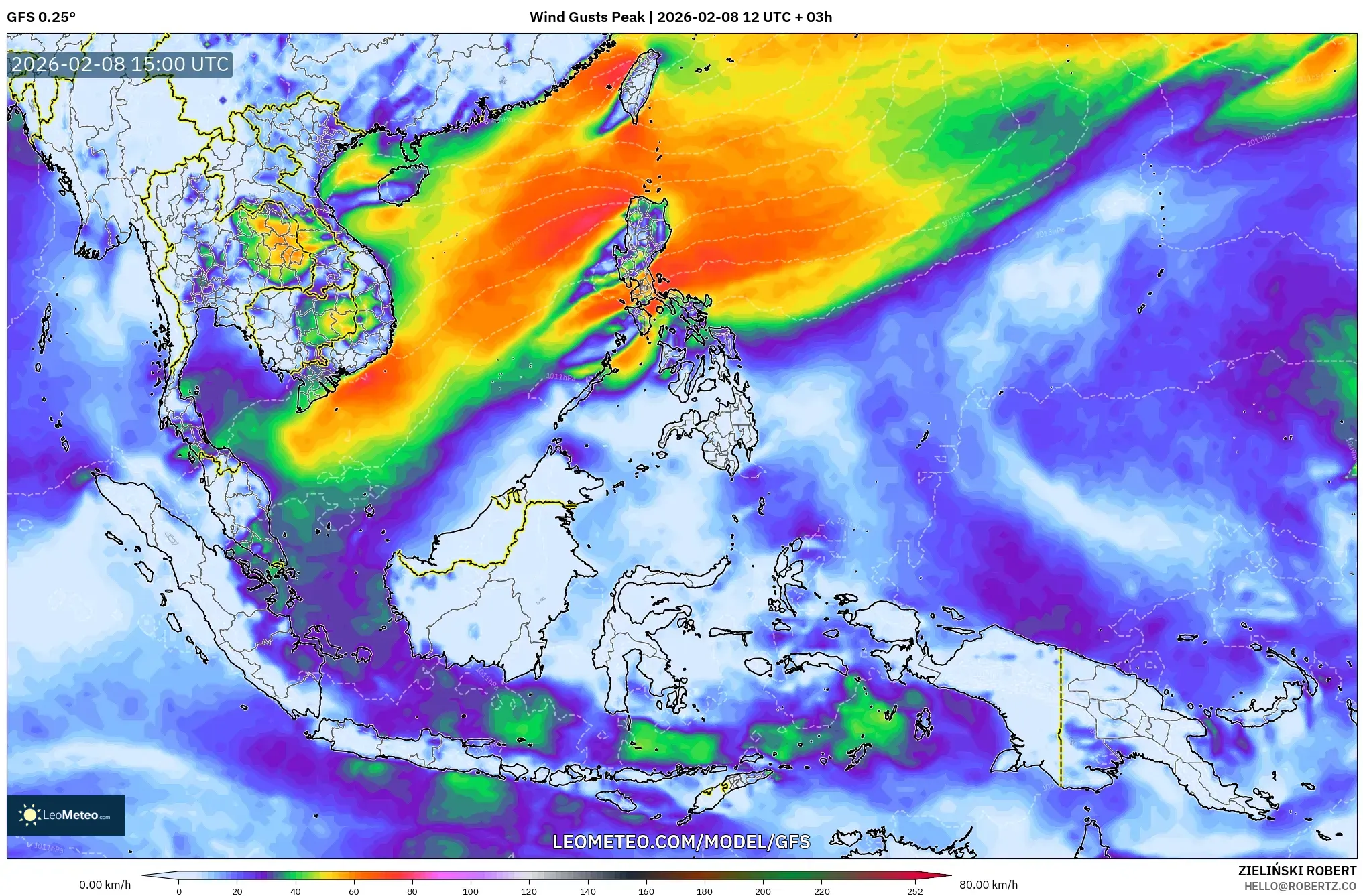 GFS model - South East Asia, Wind Gusts Peak