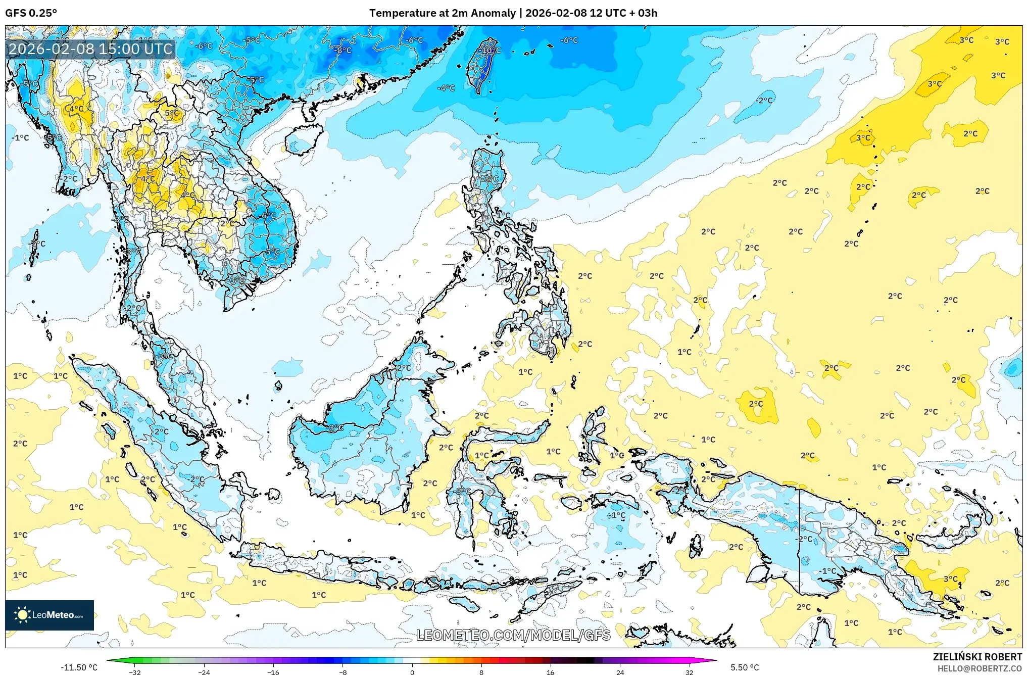 GFS model - South East Asia, Temperature at 2m Anomaly