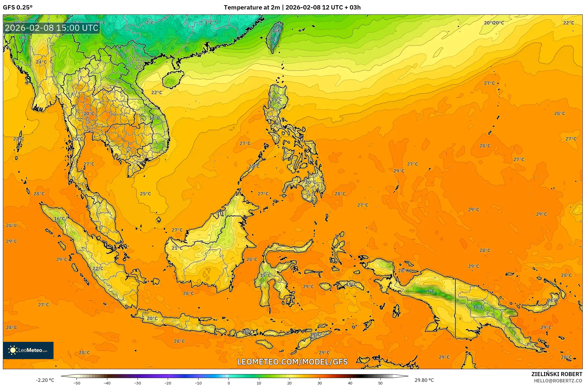 GFS model - South East Asia, Temperature at 2m