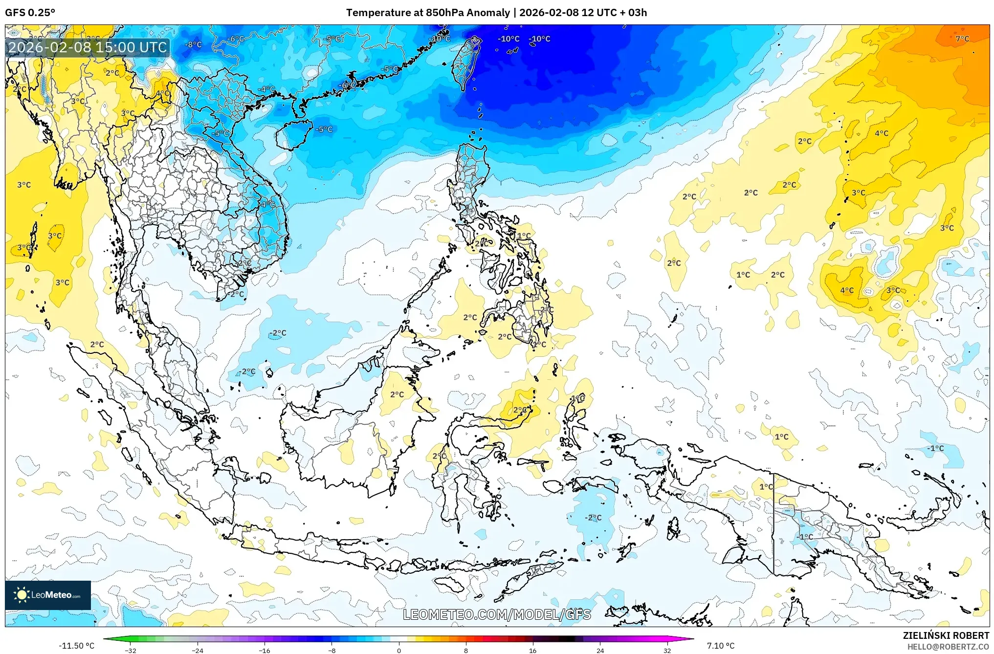 GFS model - South East Asia, Temperature at 850hPa Anomaly