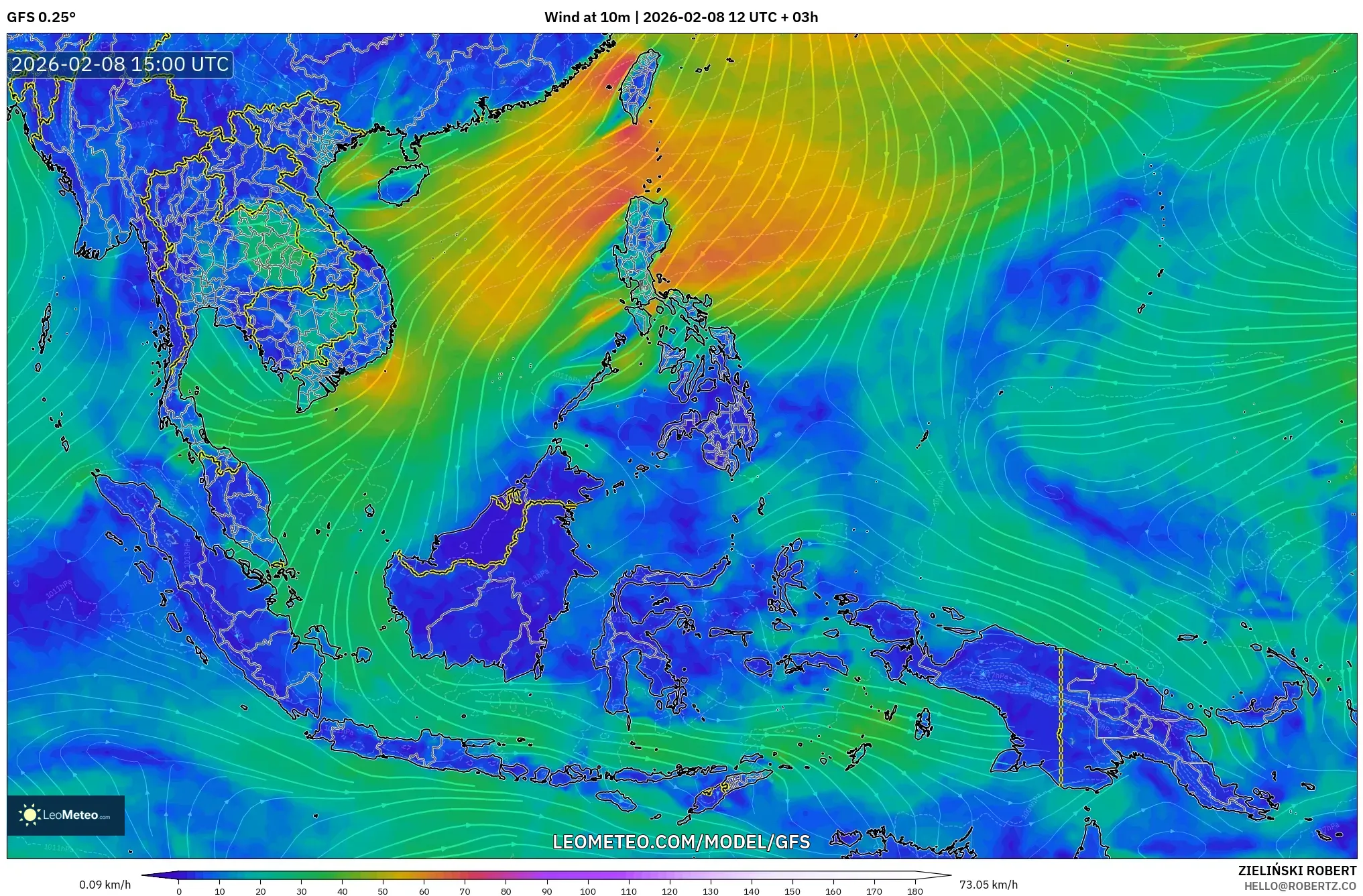 GFS model - South East Asia, Wind at 10m
