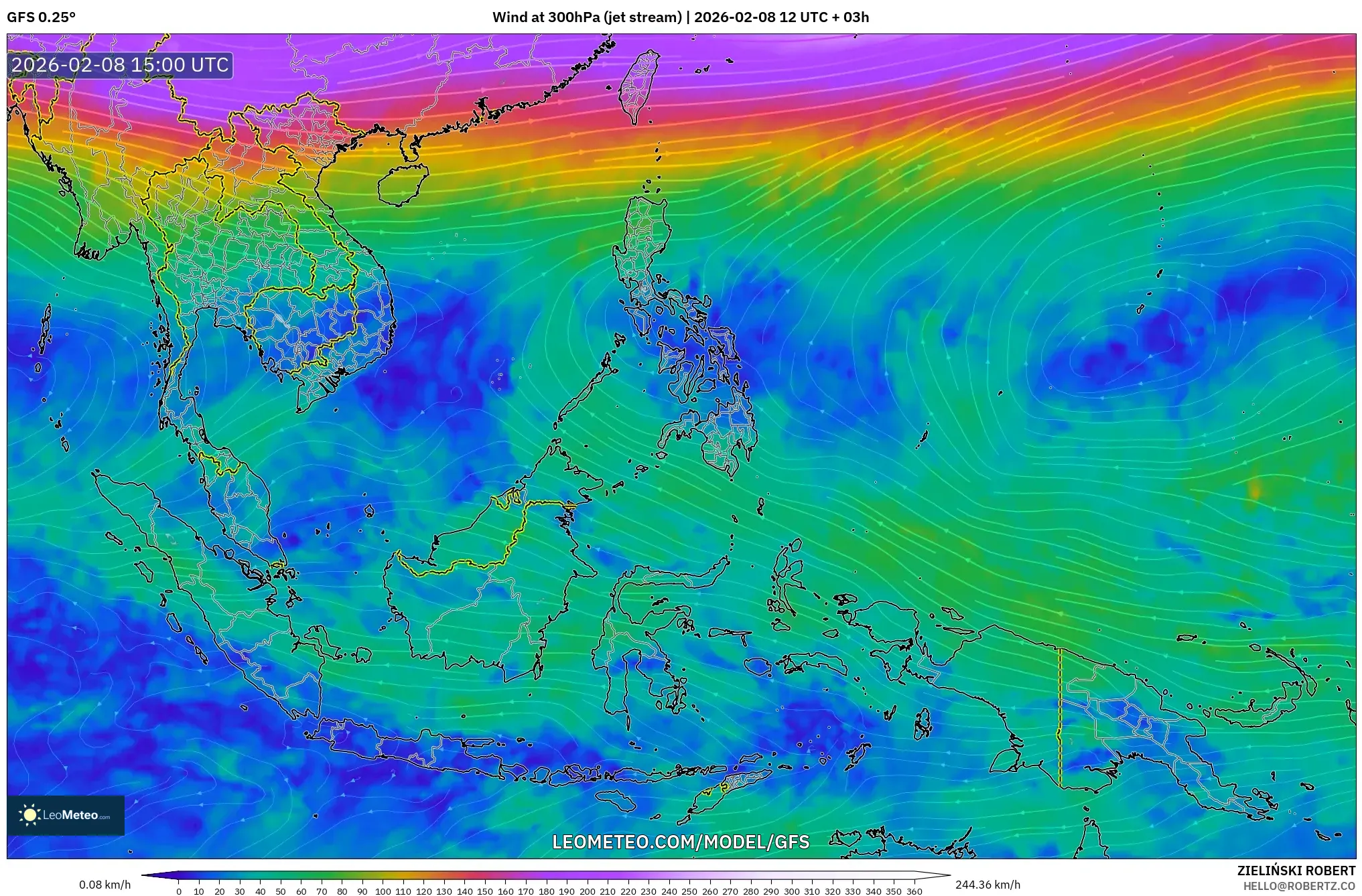 GFS model - South East Asia, Wind at 300hPa (jet stream)