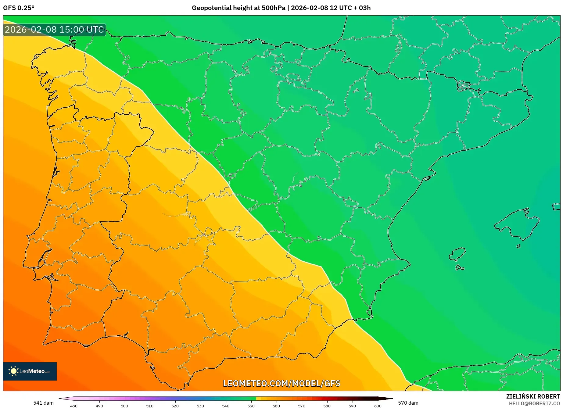 GFS model - Spain, Geopotential height at 500hPa
