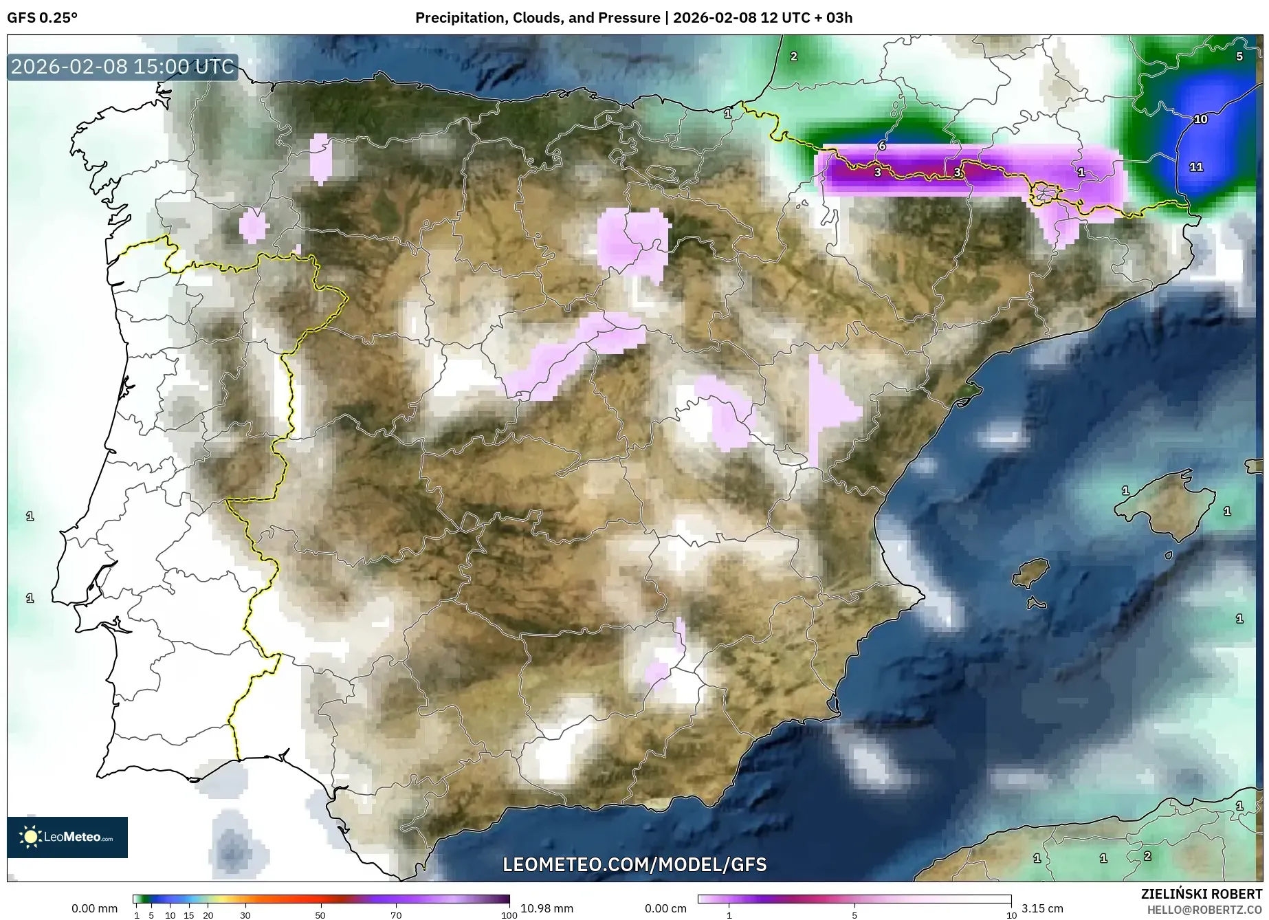 GFS model - Spain, Precipitation, Clouds, and Pressure