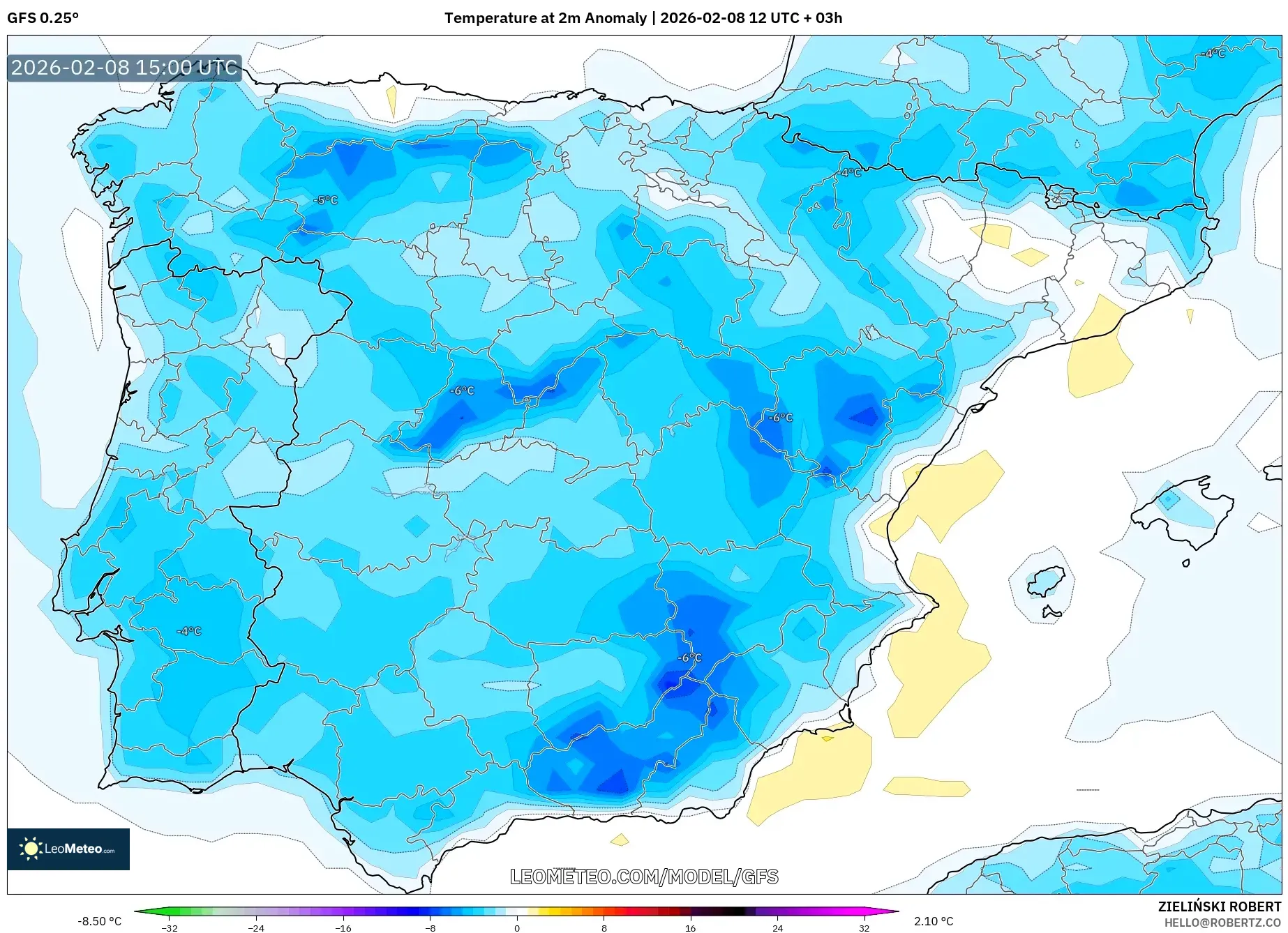 GFS model - Spain, Temperature at 2m Anomaly