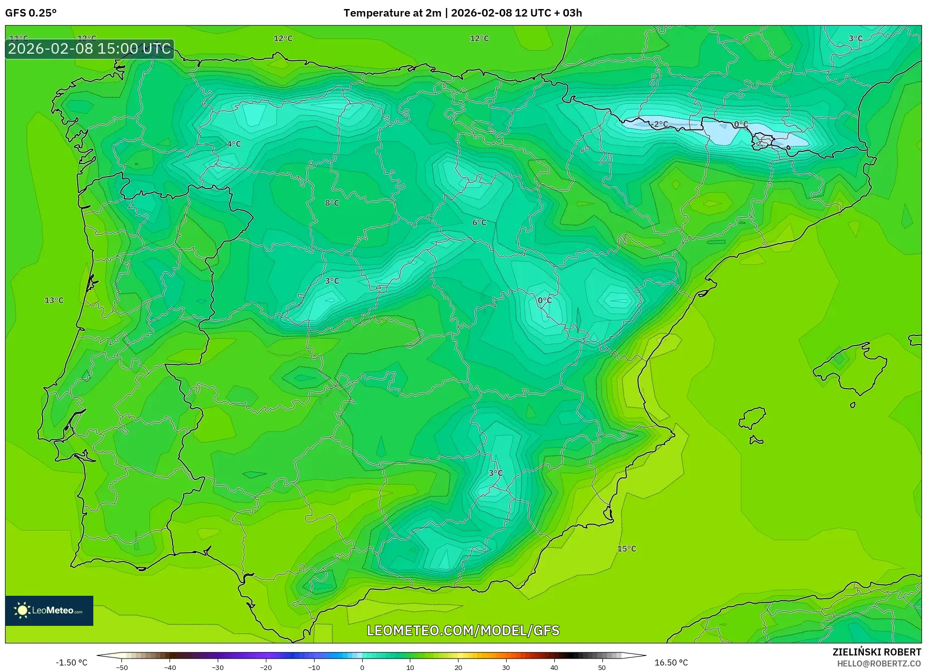 GFS model - Spain, Temperature at 2m