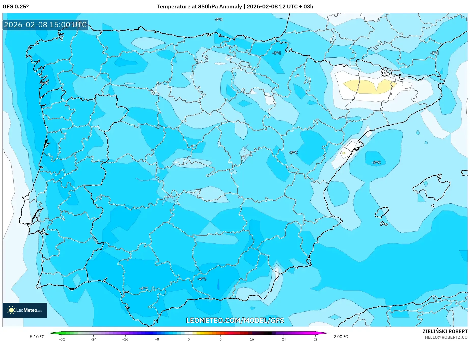 GFS model - Spain, Temperature at 850hPa Anomaly