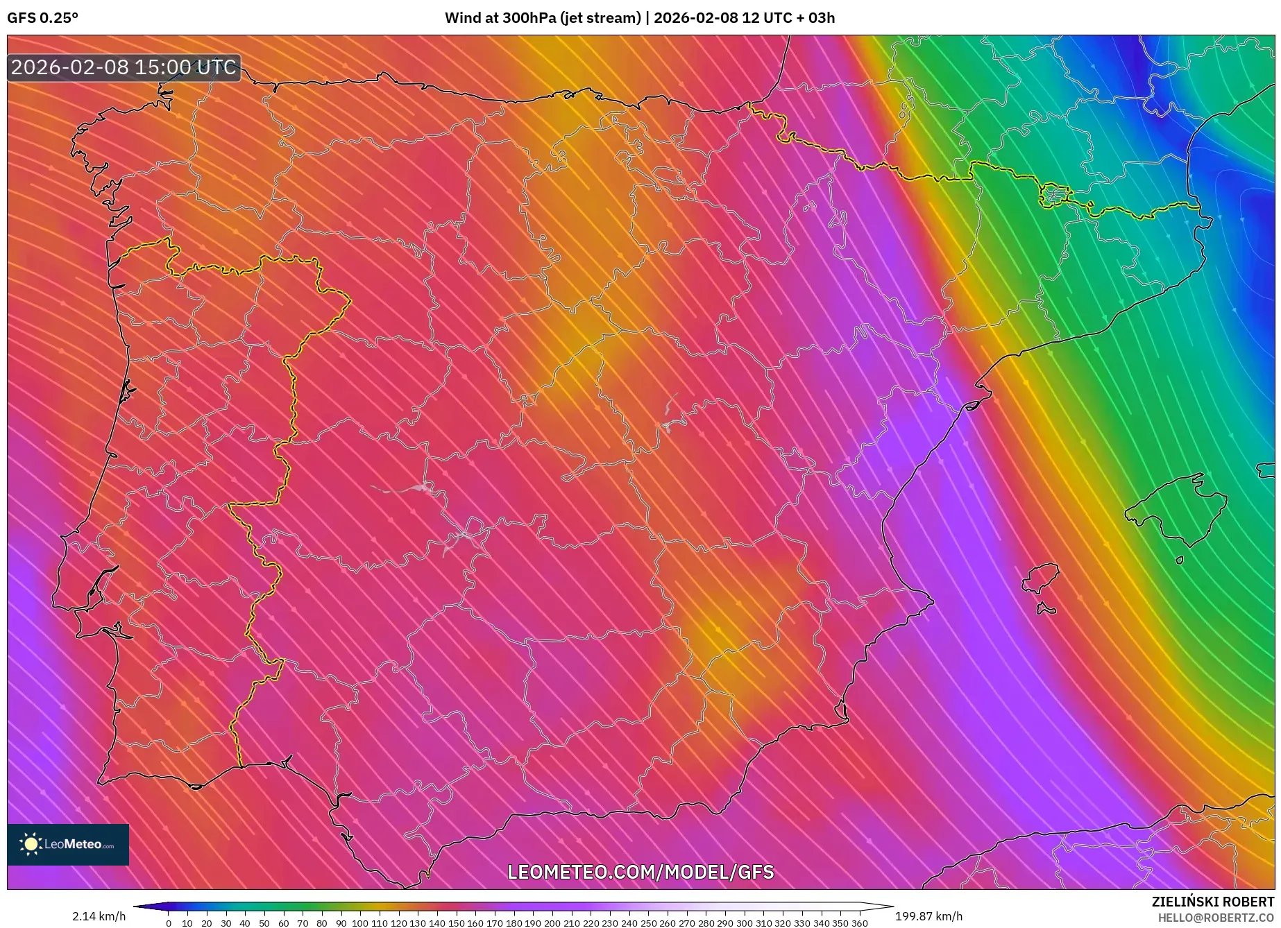GFS model - Spain, Wind at 300hPa (jet stream)