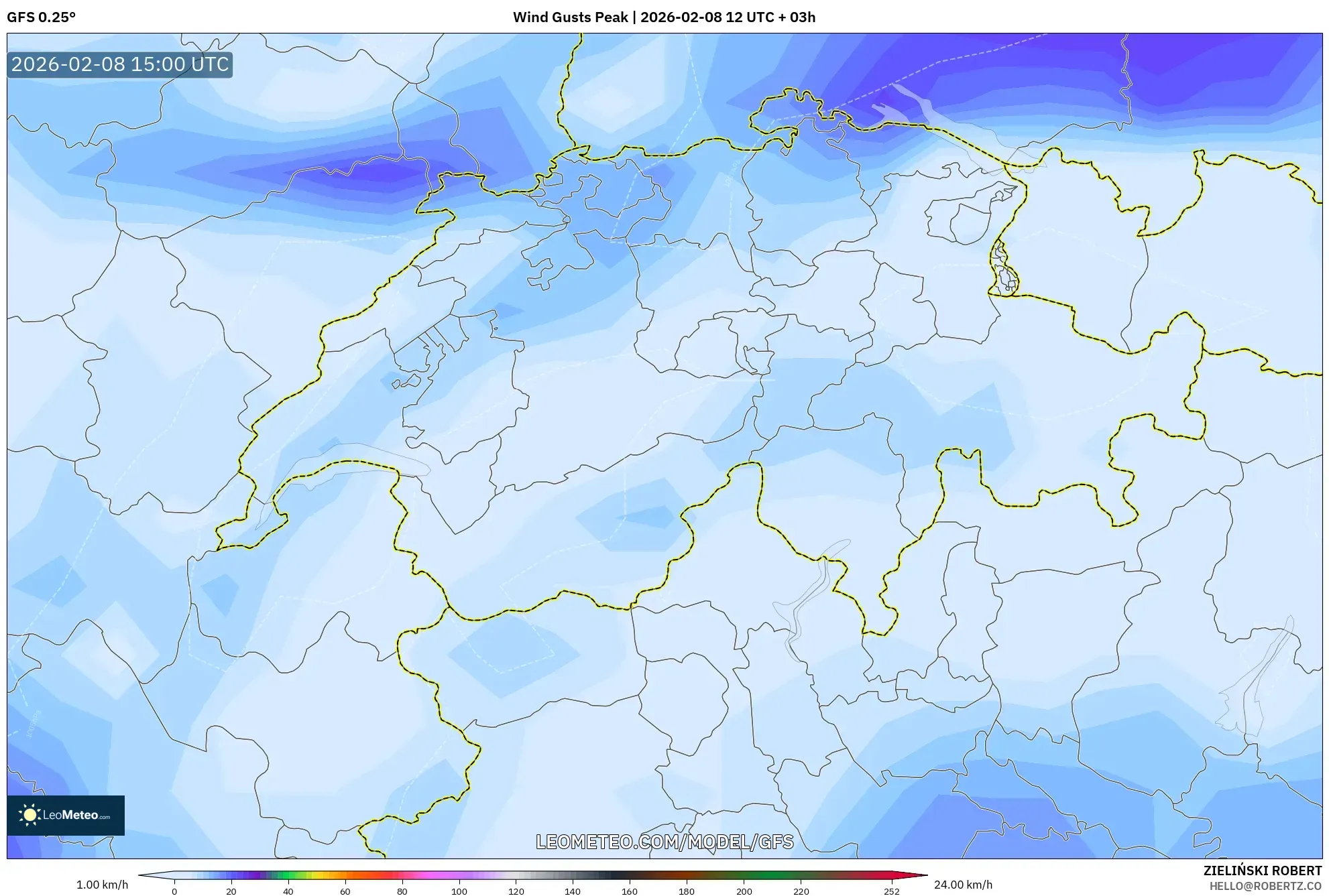 GFS model - Switzerland, Wind Gusts Peak