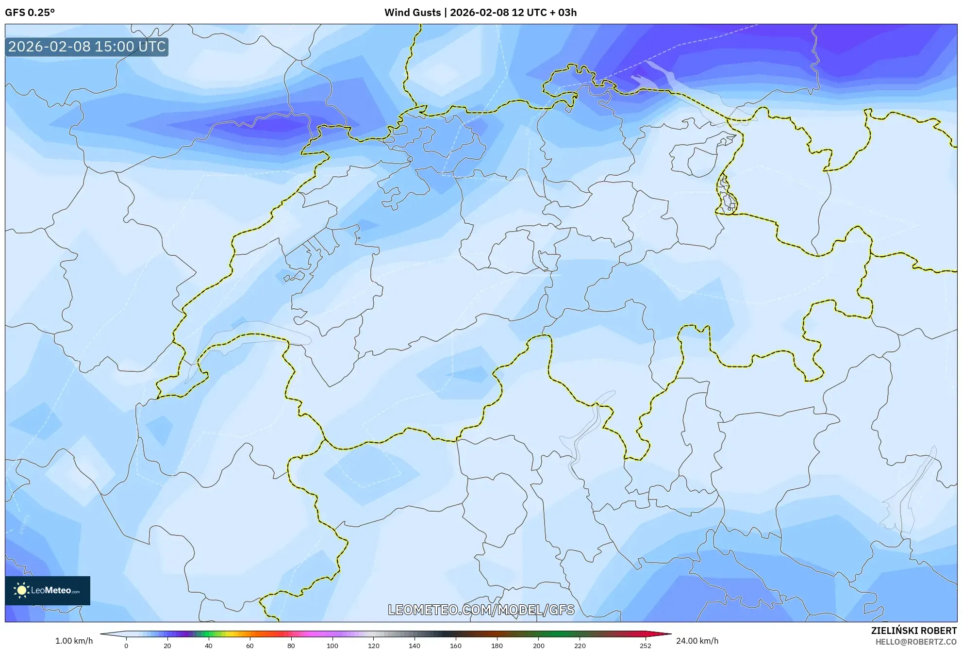 GFS model - Switzerland, Wind Gusts
