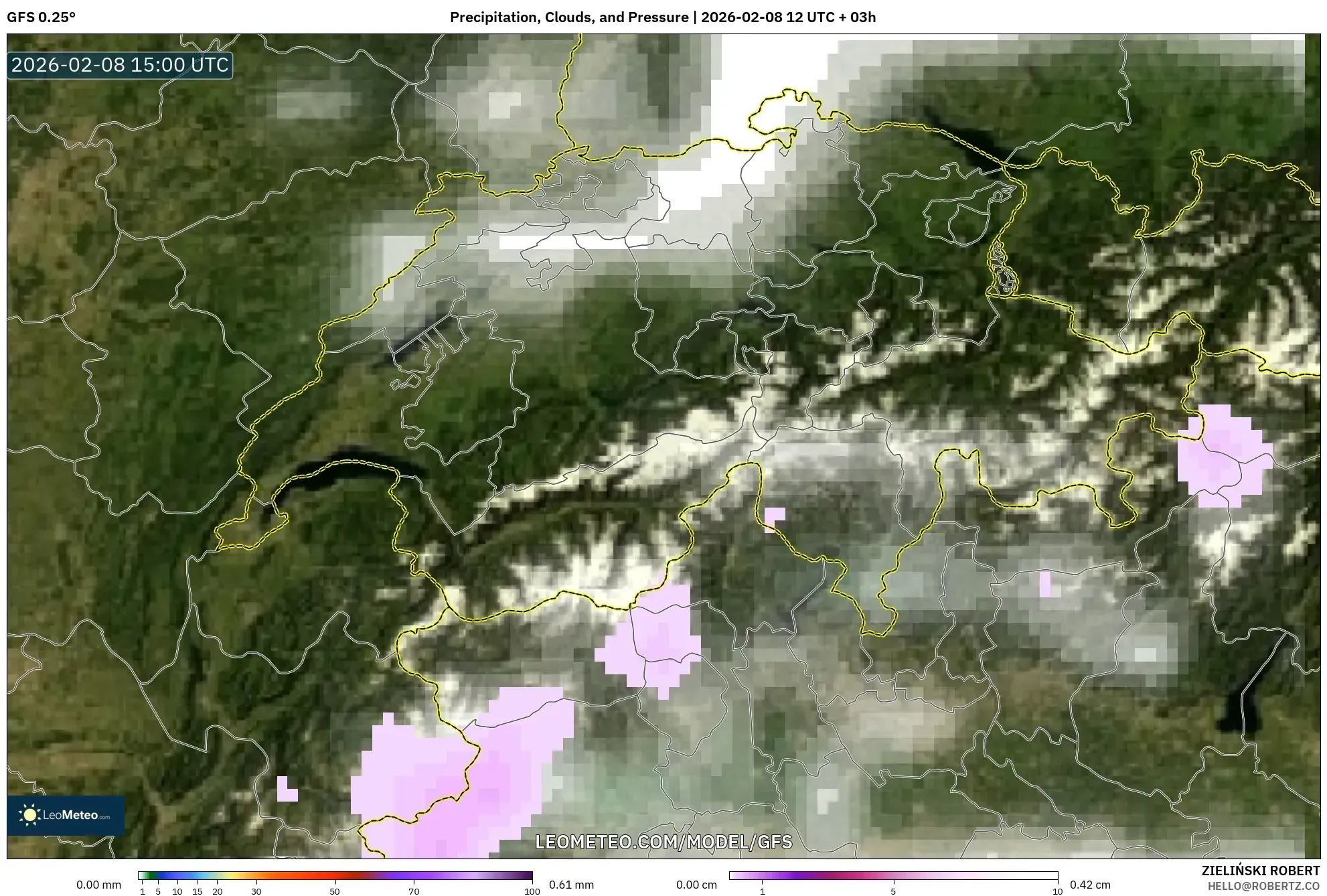 GFS model - Switzerland, Precipitation, Clouds, and Pressure