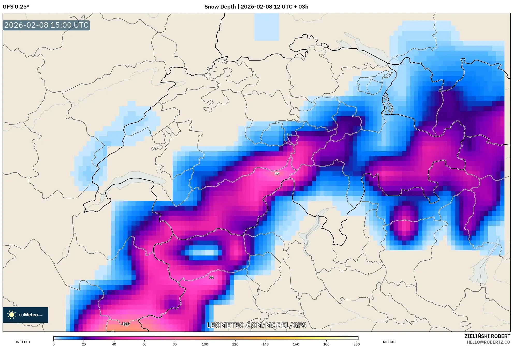 GFS model - Switzerland, Snow Depth