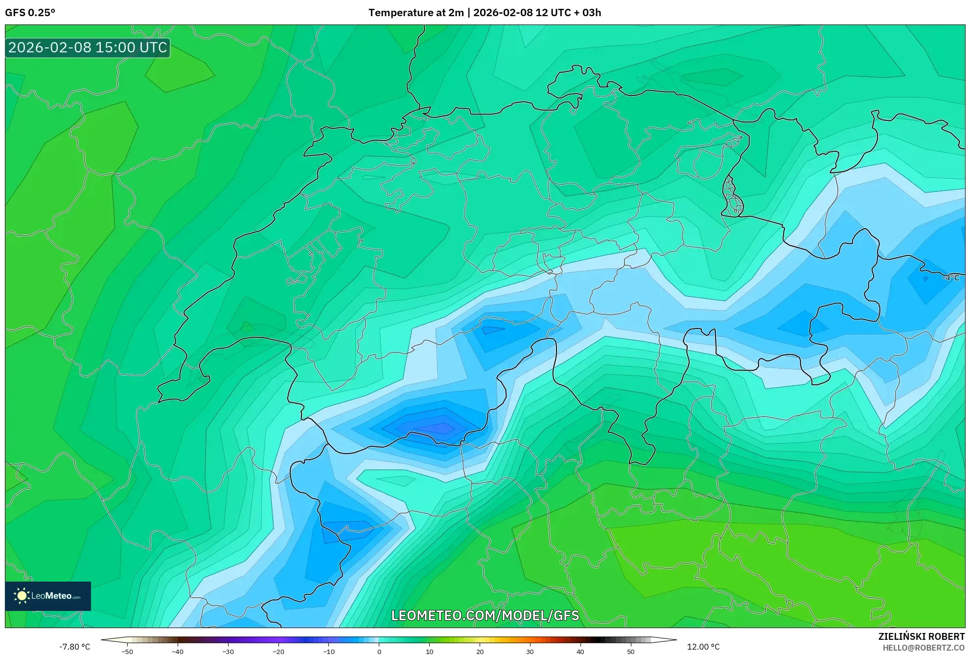GFS model - Switzerland, Temperature at 2m
