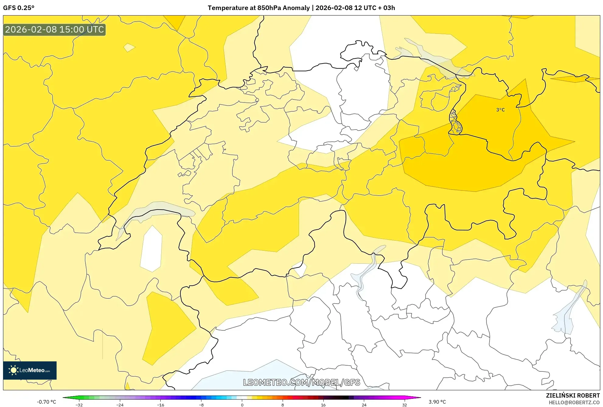GFS model - Switzerland, Temperature at 850hPa Anomaly