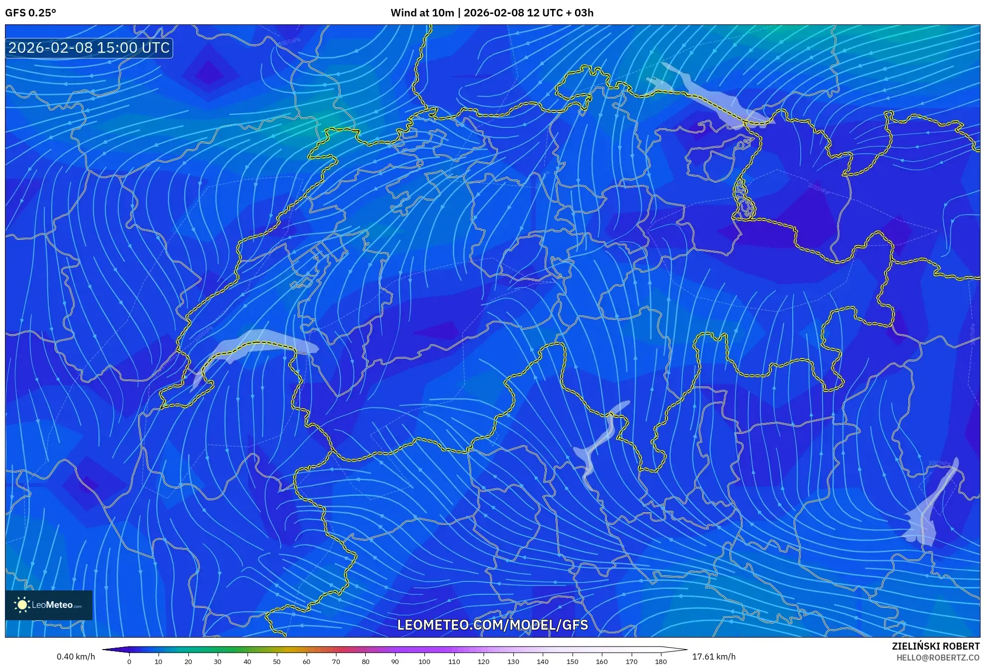 GFS model - Switzerland, Wind at 10m