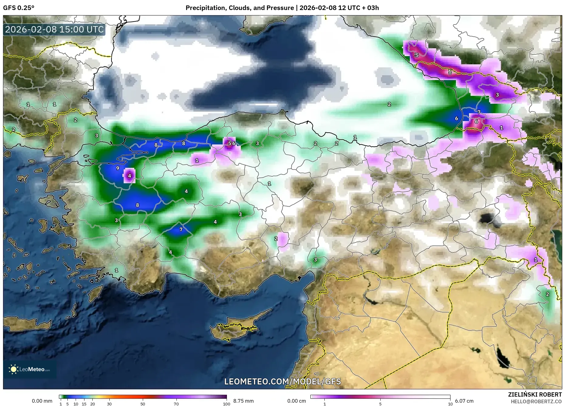 GFS model - Turkey, Precipitation, Clouds, and Pressure