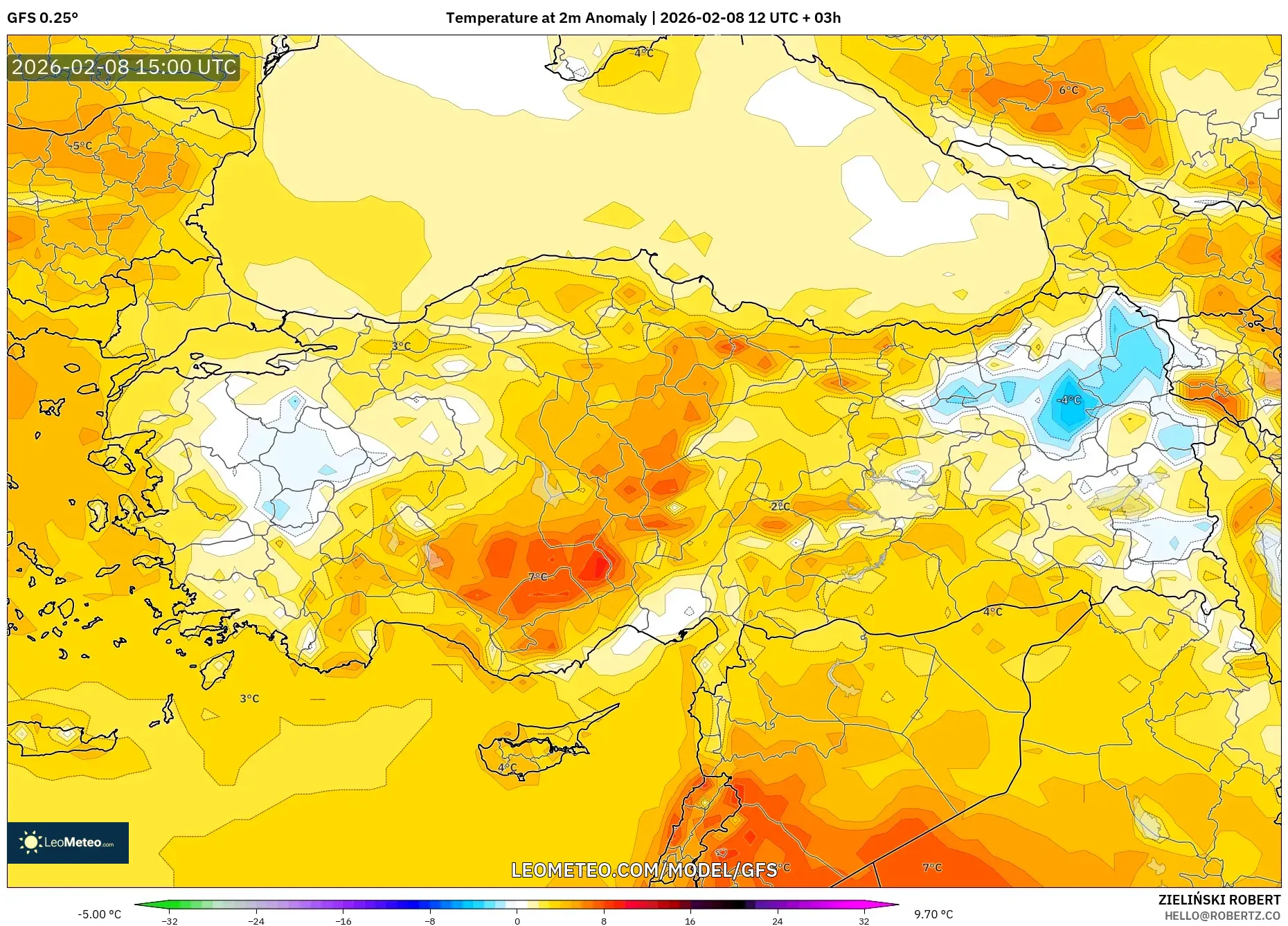 GFS model - Turkey, Temperature at 2m Anomaly