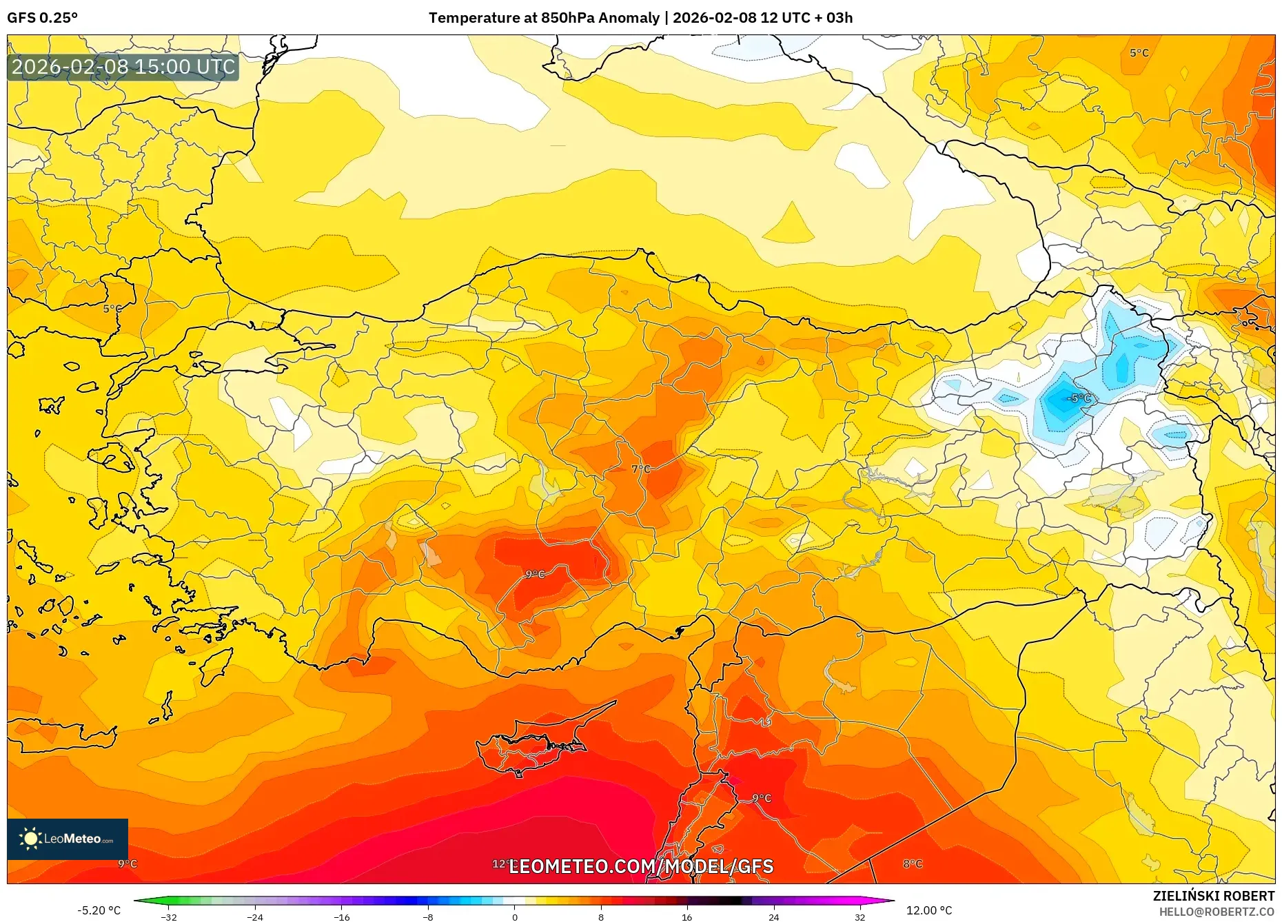 GFS model - Turkey, Temperature at 850hPa Anomaly