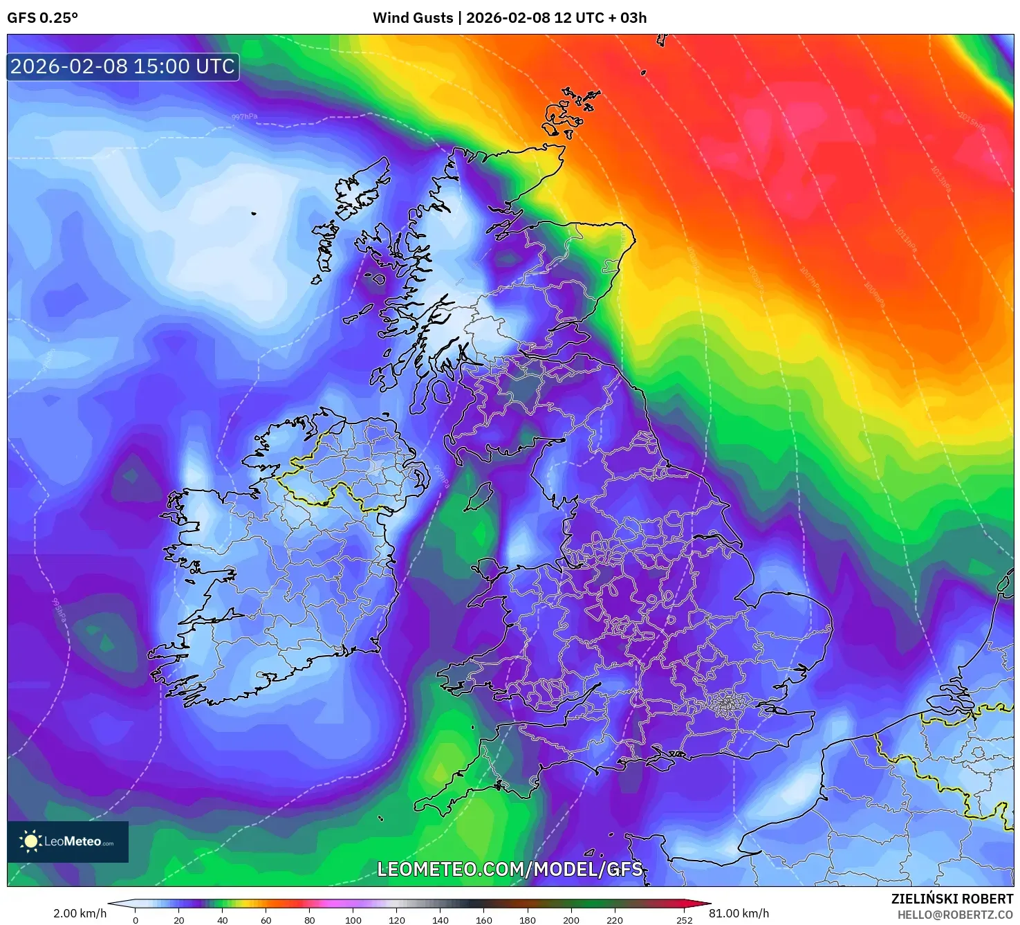 GFS model - United Kingdom, Wind Gusts