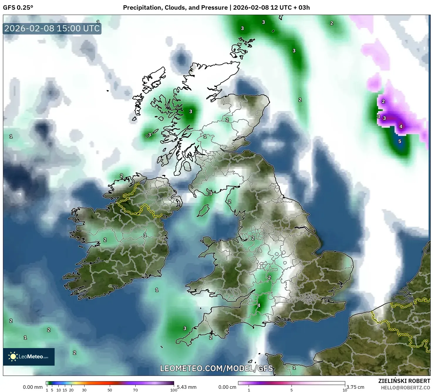 GFS model - United Kingdom, Precipitation, Clouds, and Pressure