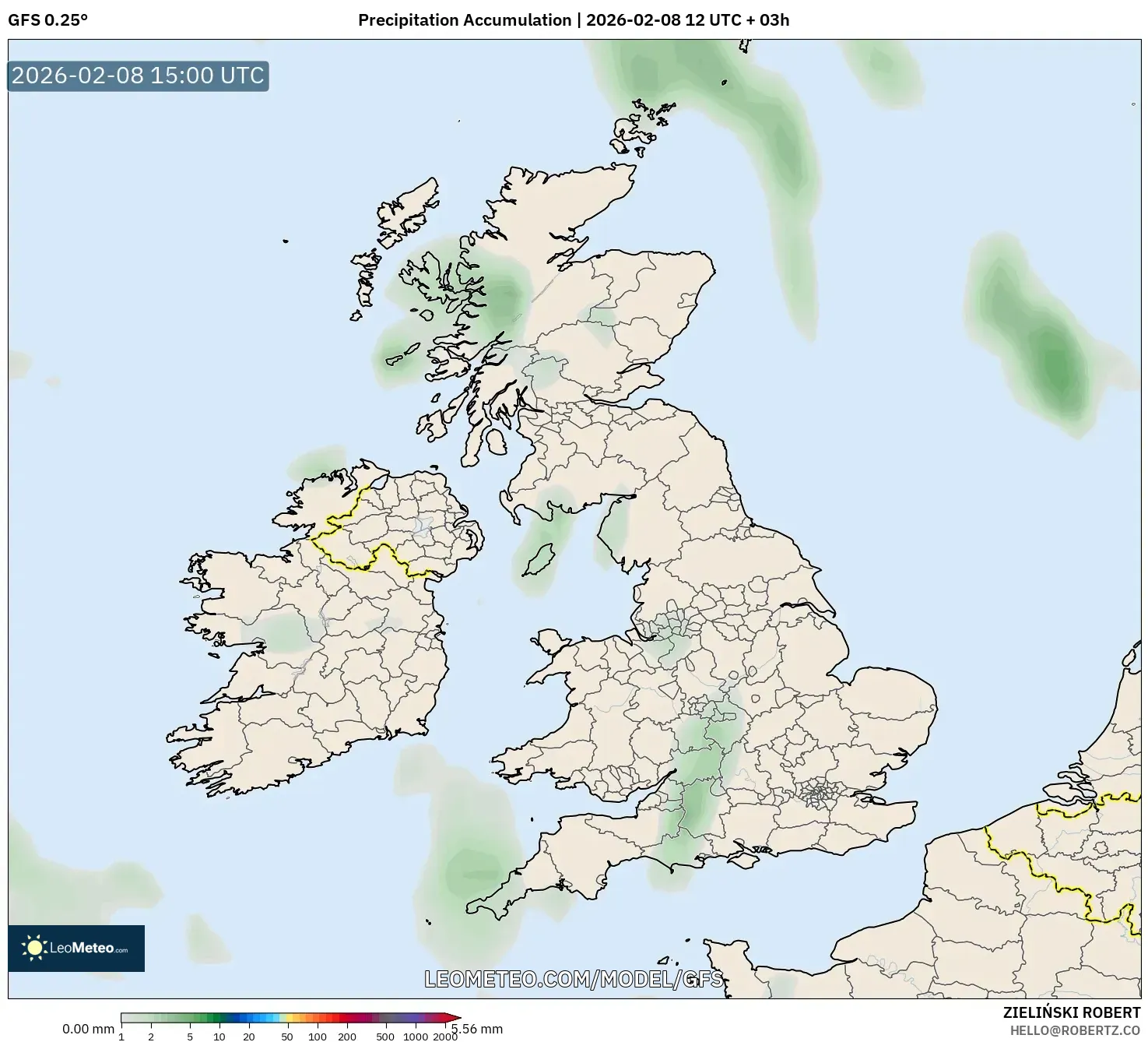 GFS model - United Kingdom, Precipitation Accumulation