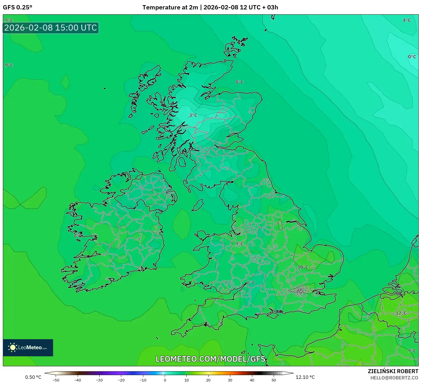 GFS model - United Kingdom, Temperature at 2m