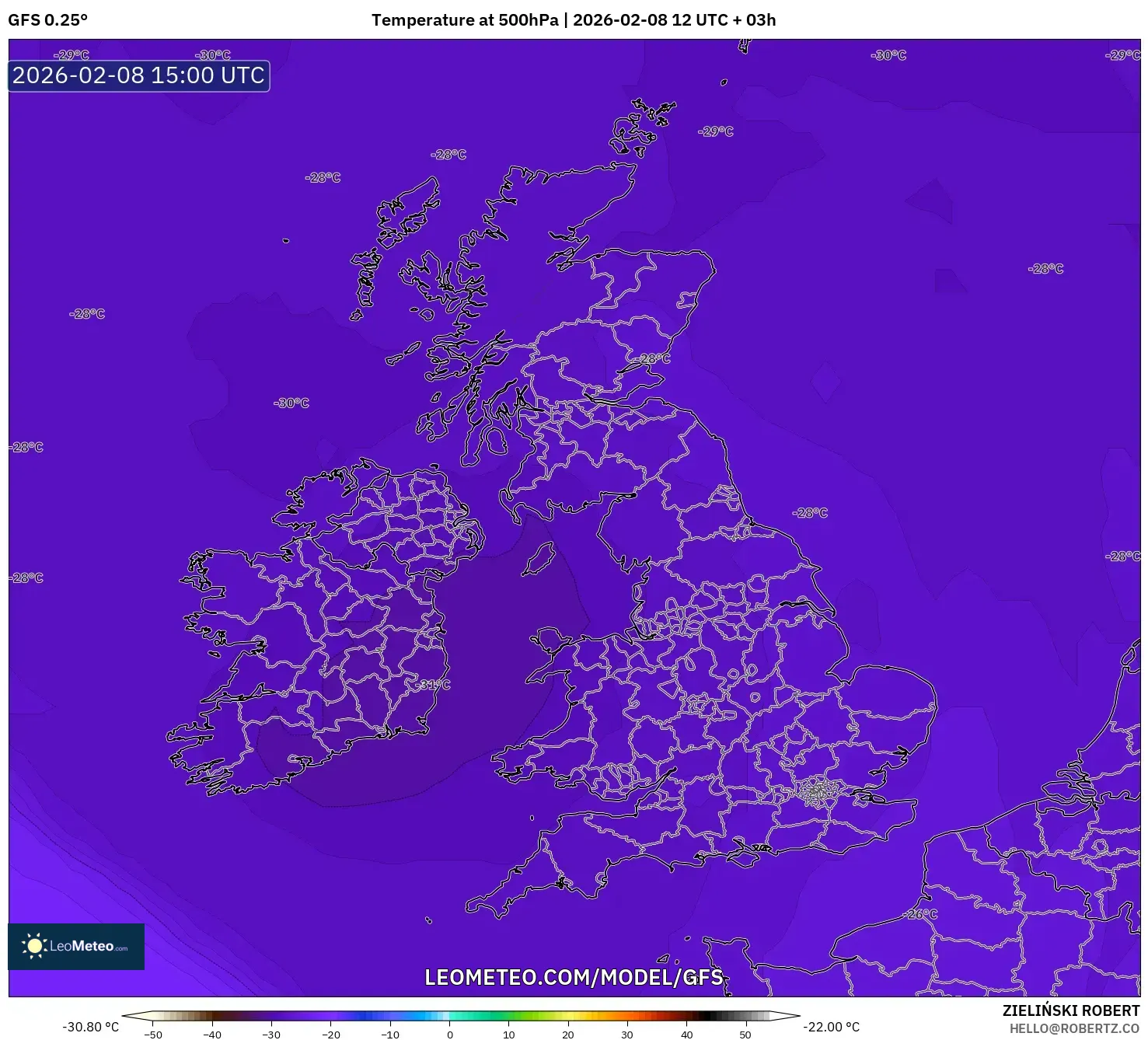 GFS model - United Kingdom, Temperature at 500hPa