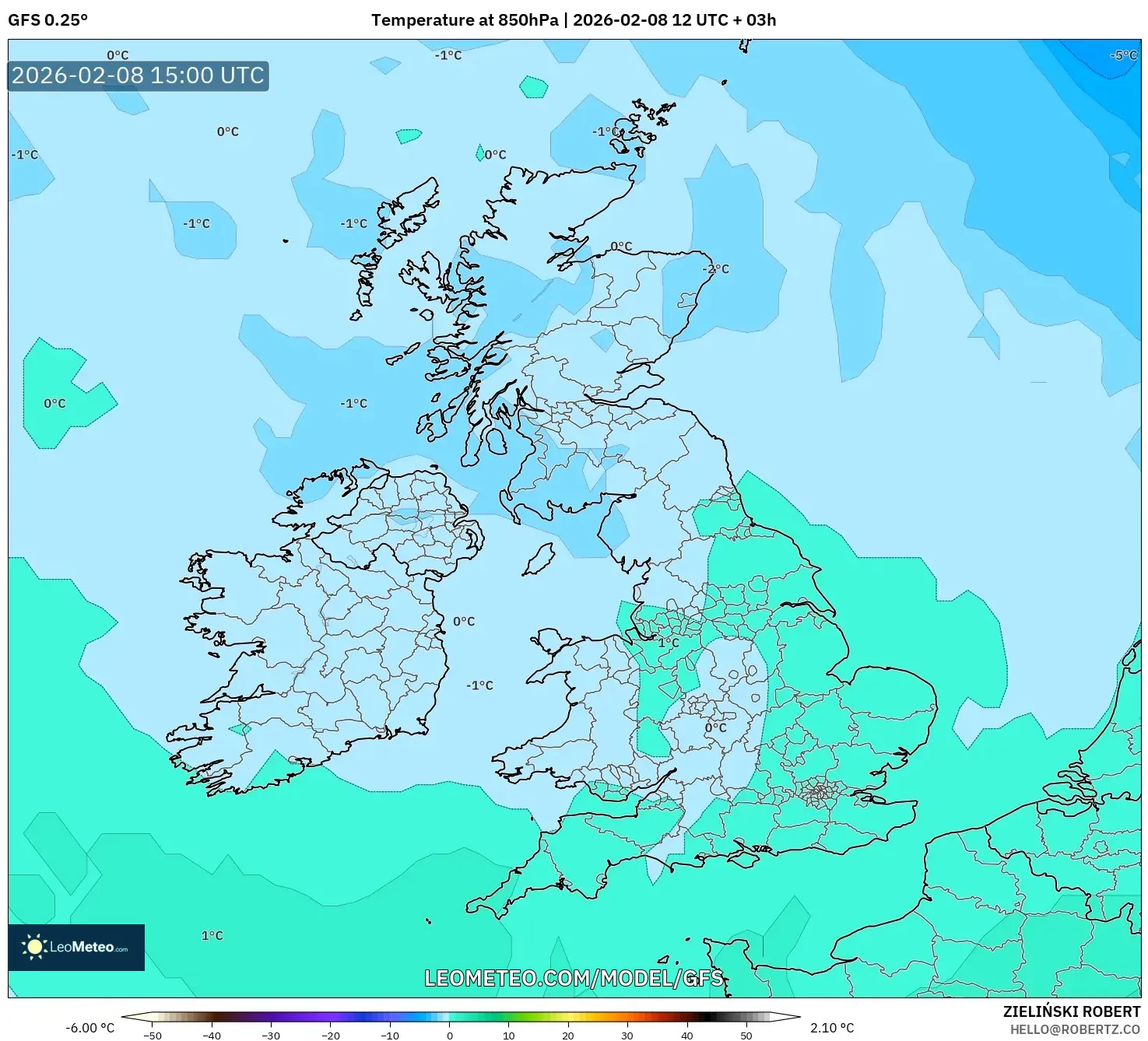 GFS model - United Kingdom, Temperature at 850hPa