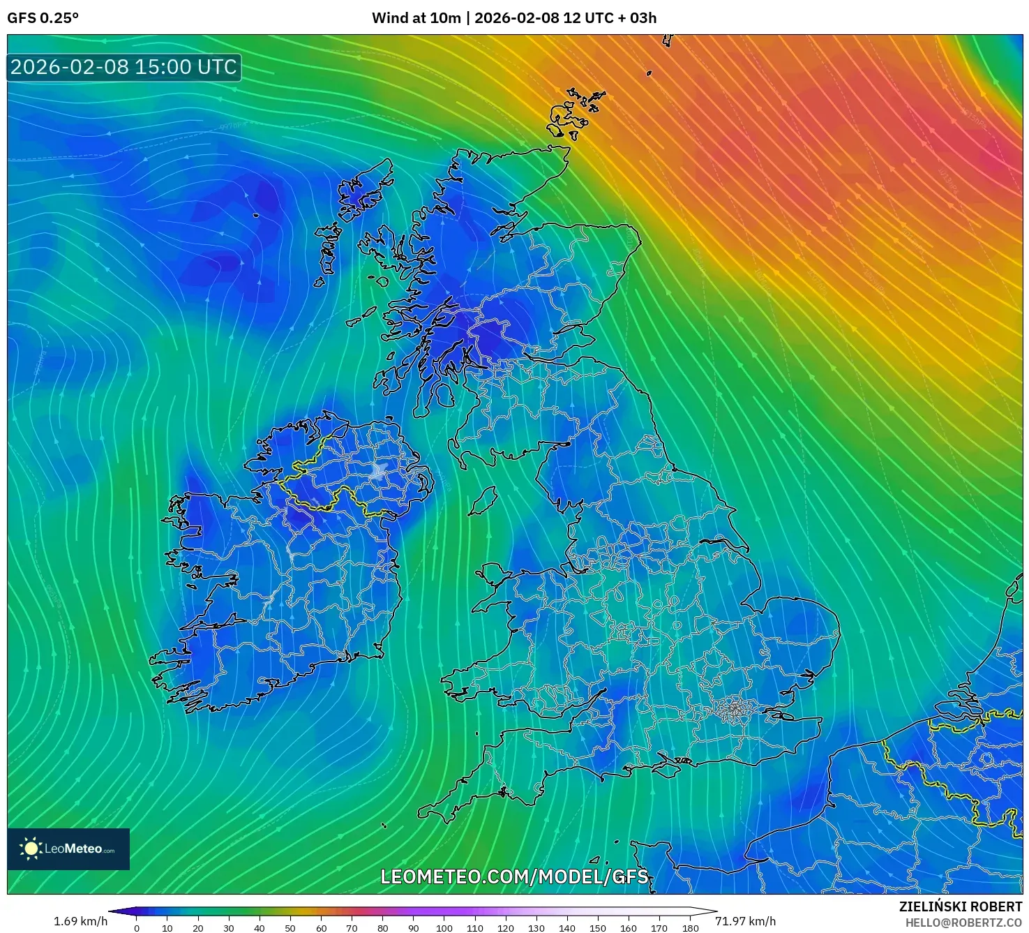 GFS model - United Kingdom, Wind at 10m