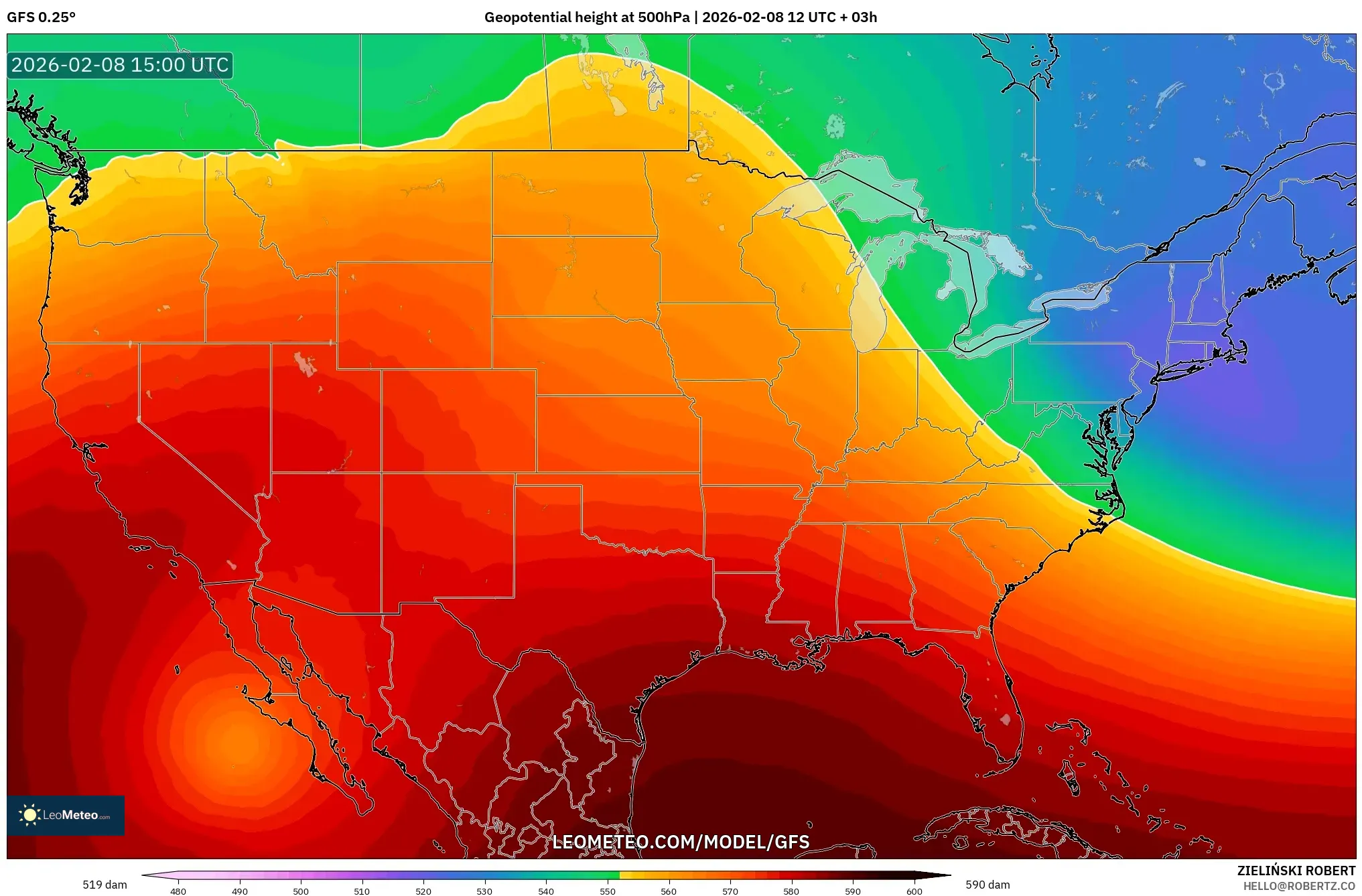 GFS model - United States, Geopotential height at 500hPa