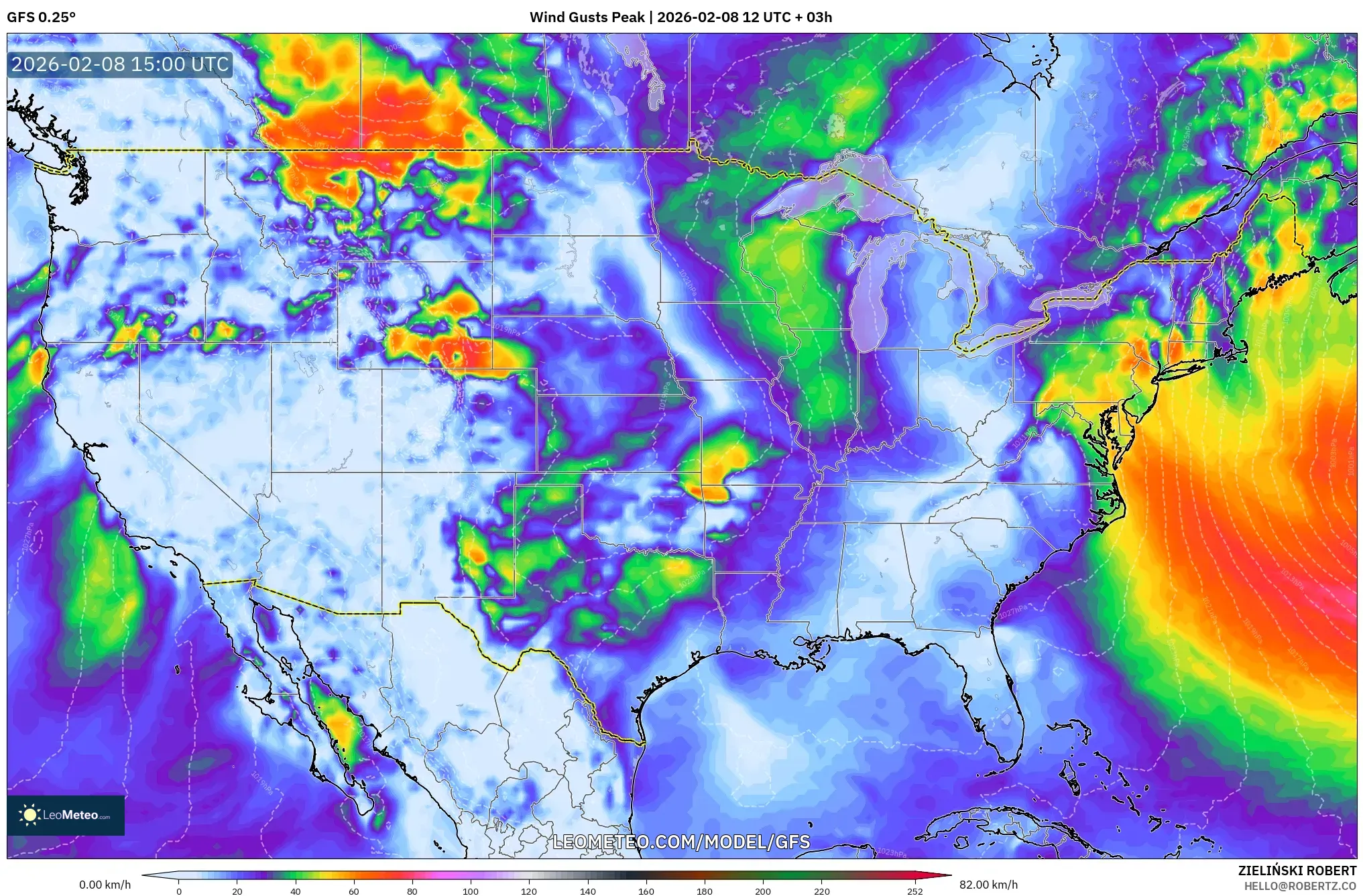 GFS model - United States, Wind Gusts Peak
