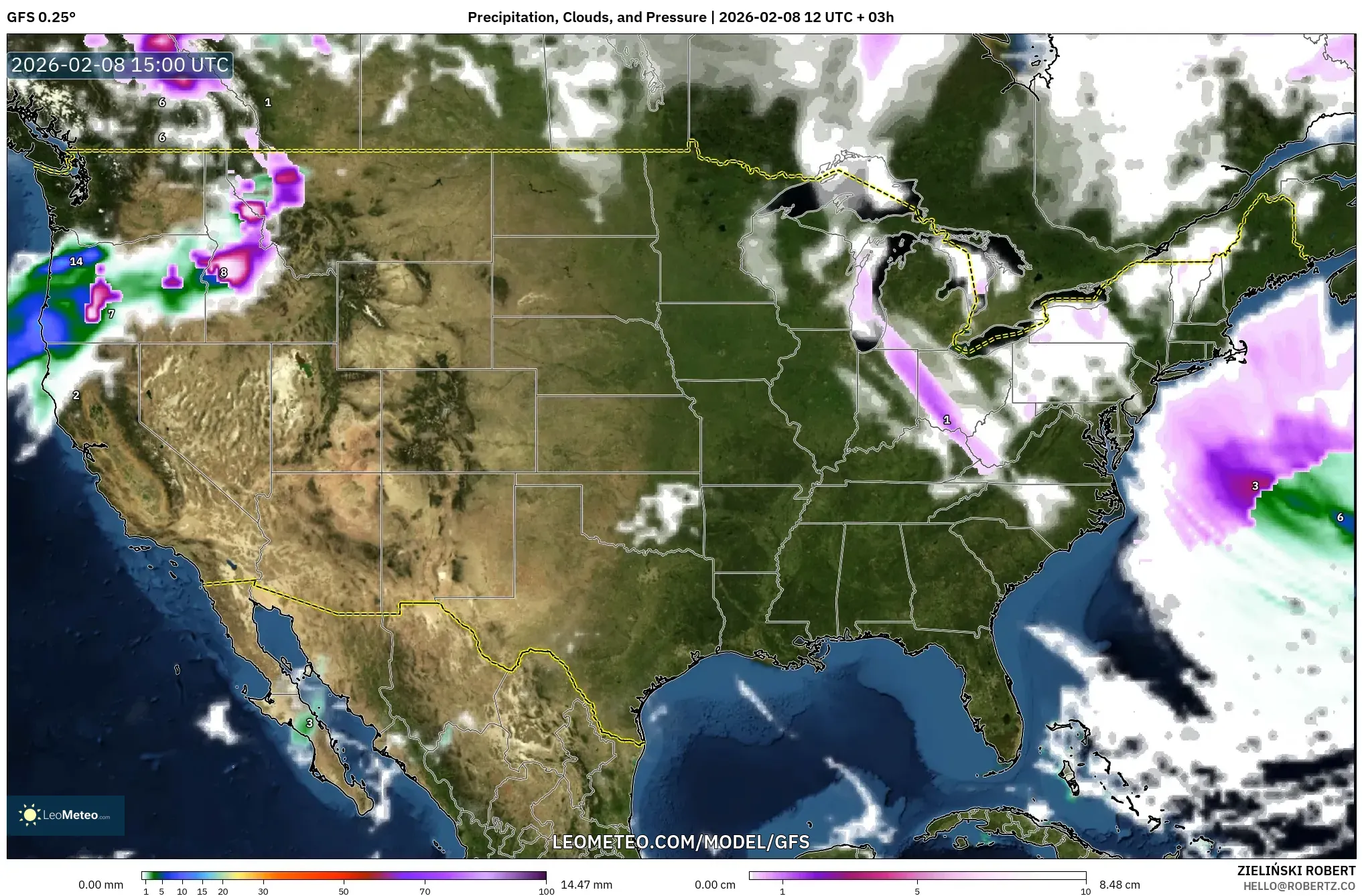 GFS model - United States, Precipitation, Clouds, and Pressure