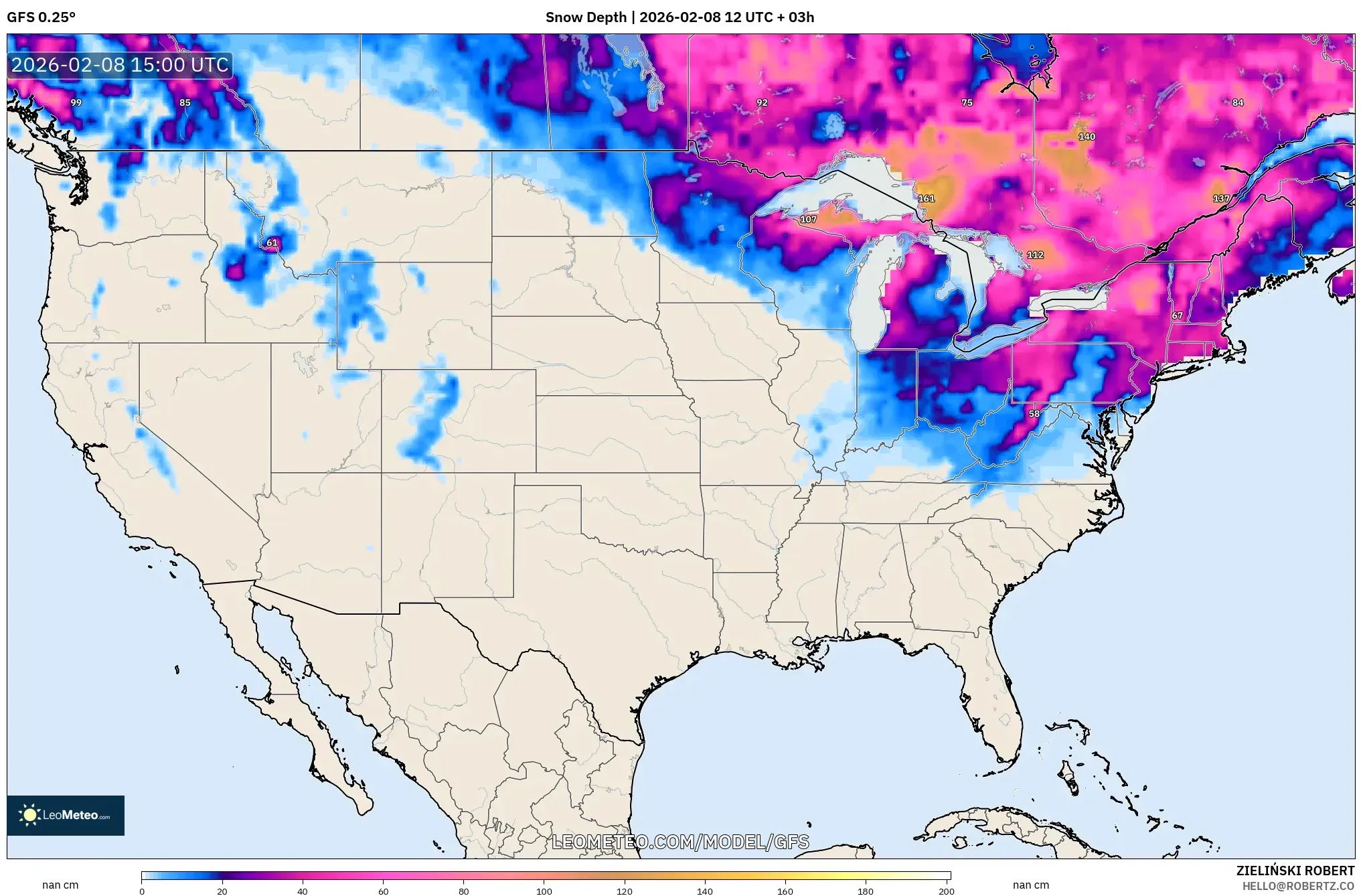 GFS model - United States, Snow Depth