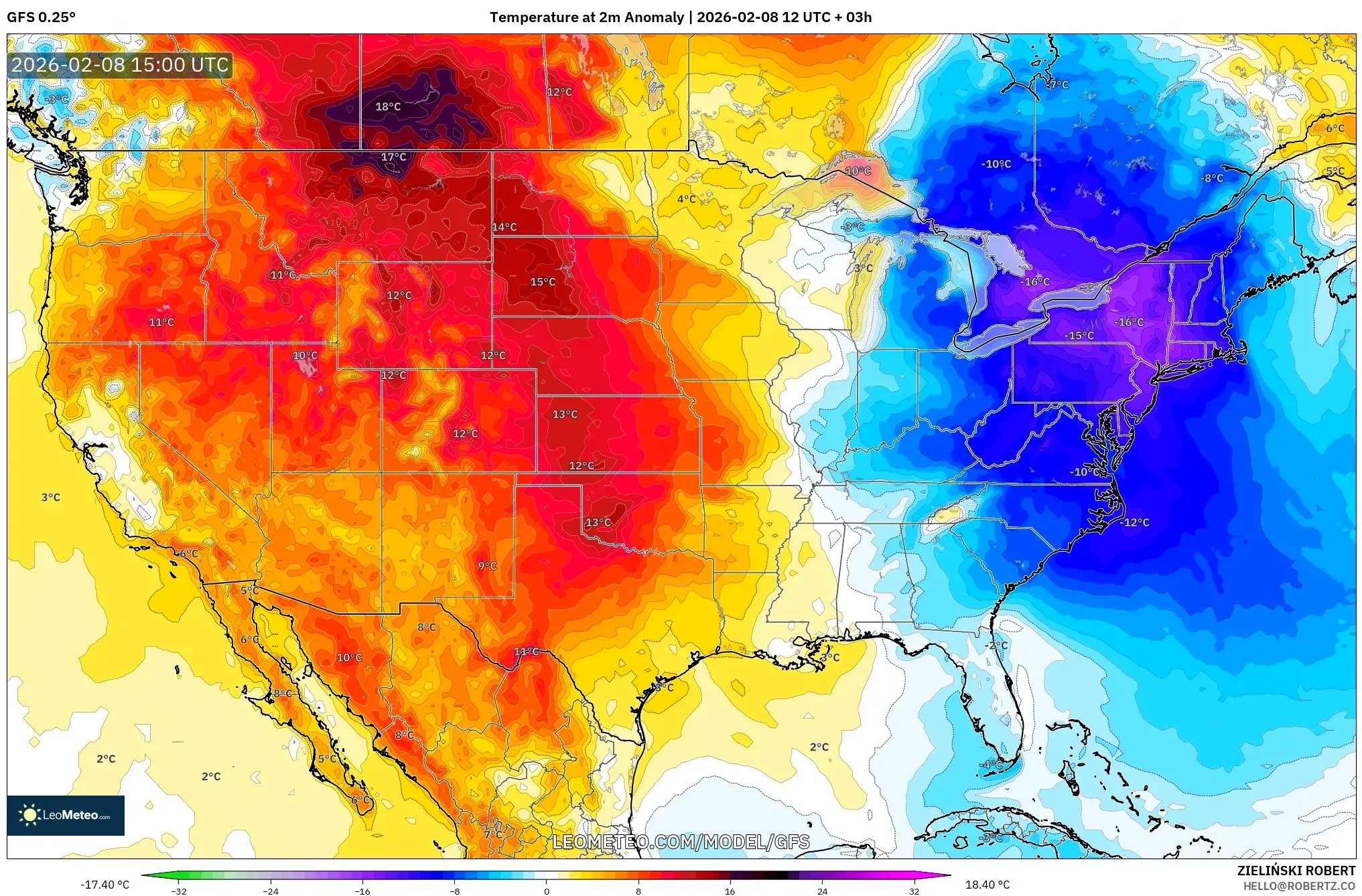 GFS model - United States, Temperature at 2m Anomaly