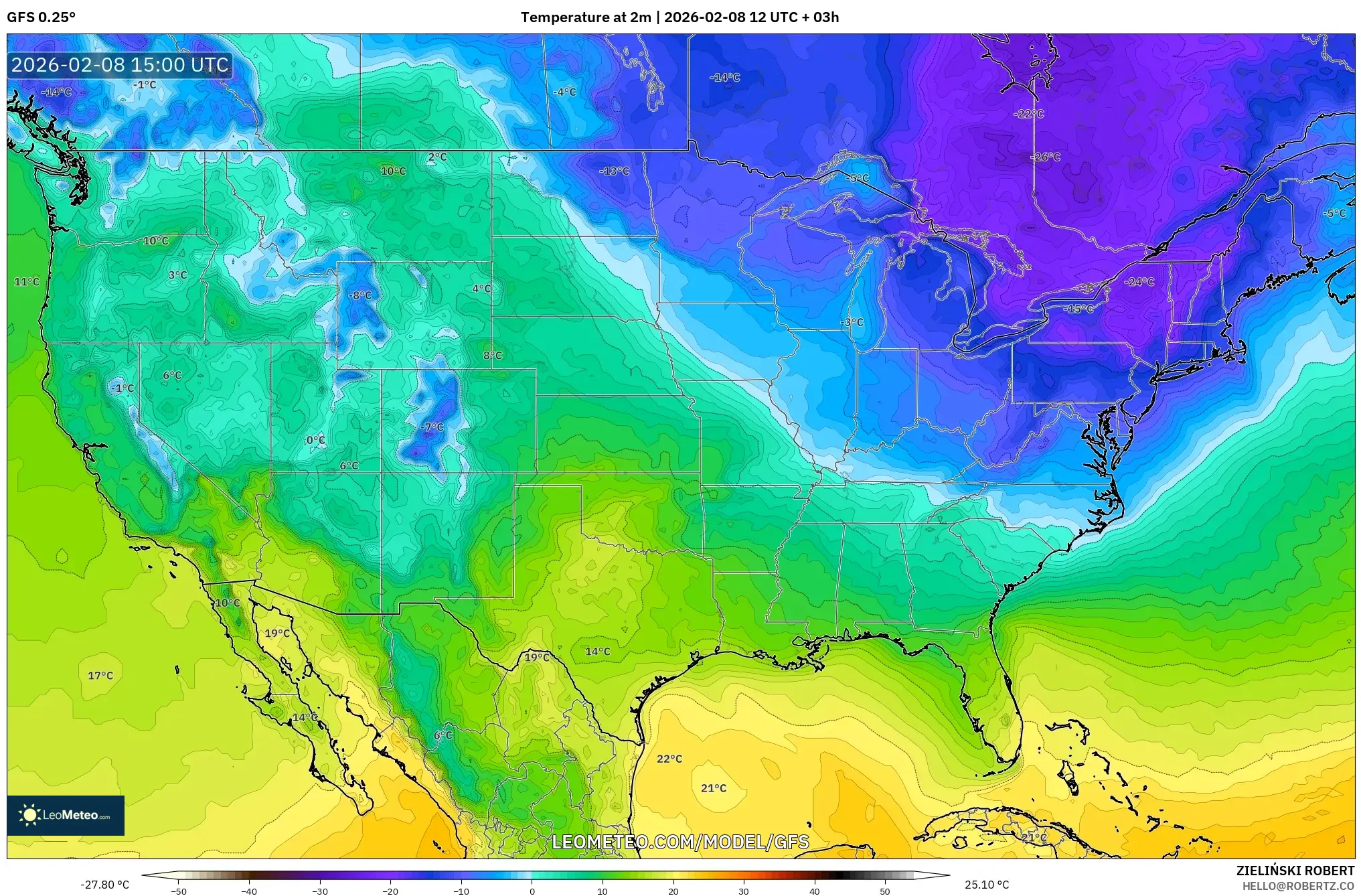 GFS model - United States, Temperature at 2m