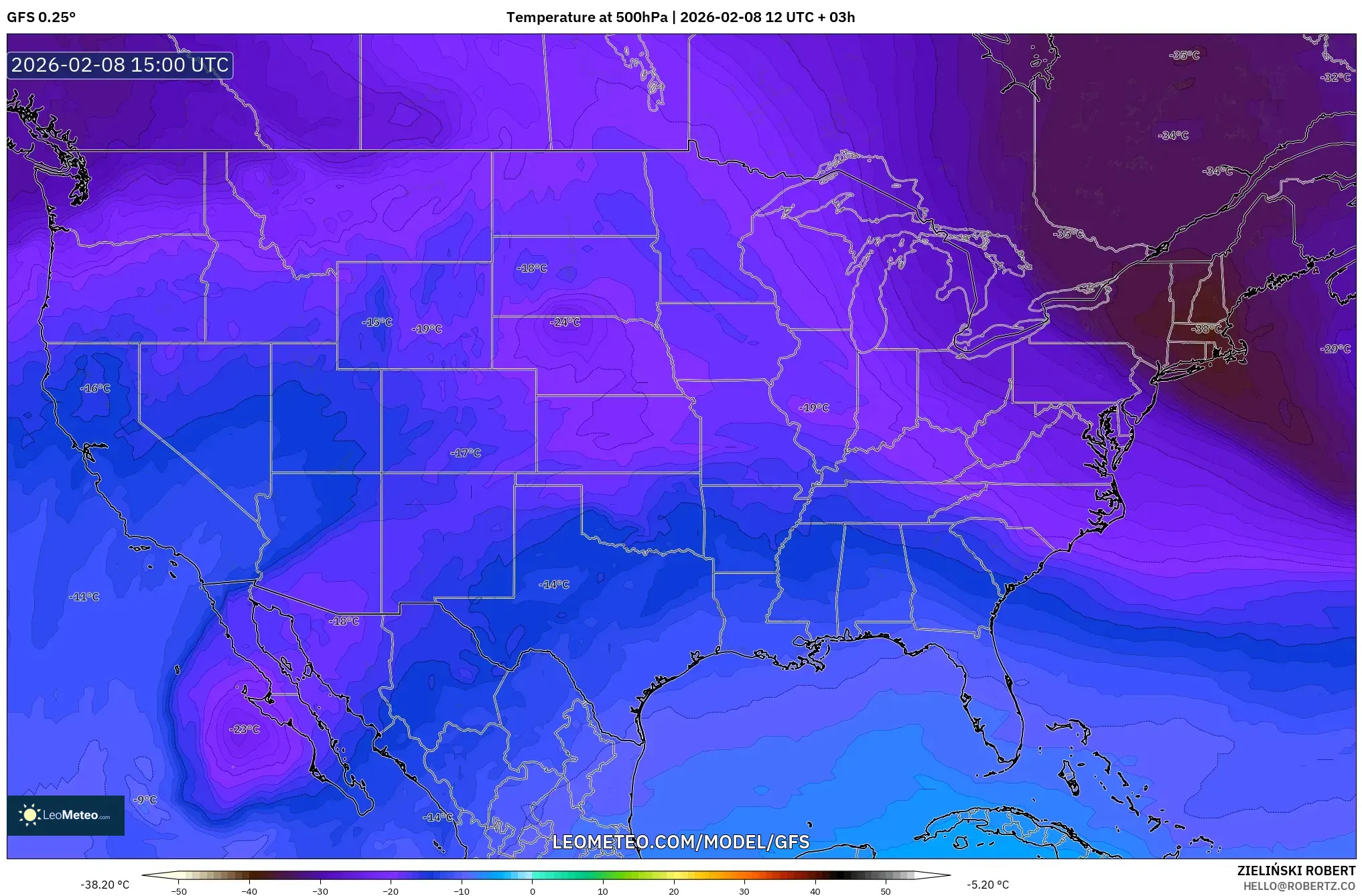 GFS model - United States, Temperature at 500hPa