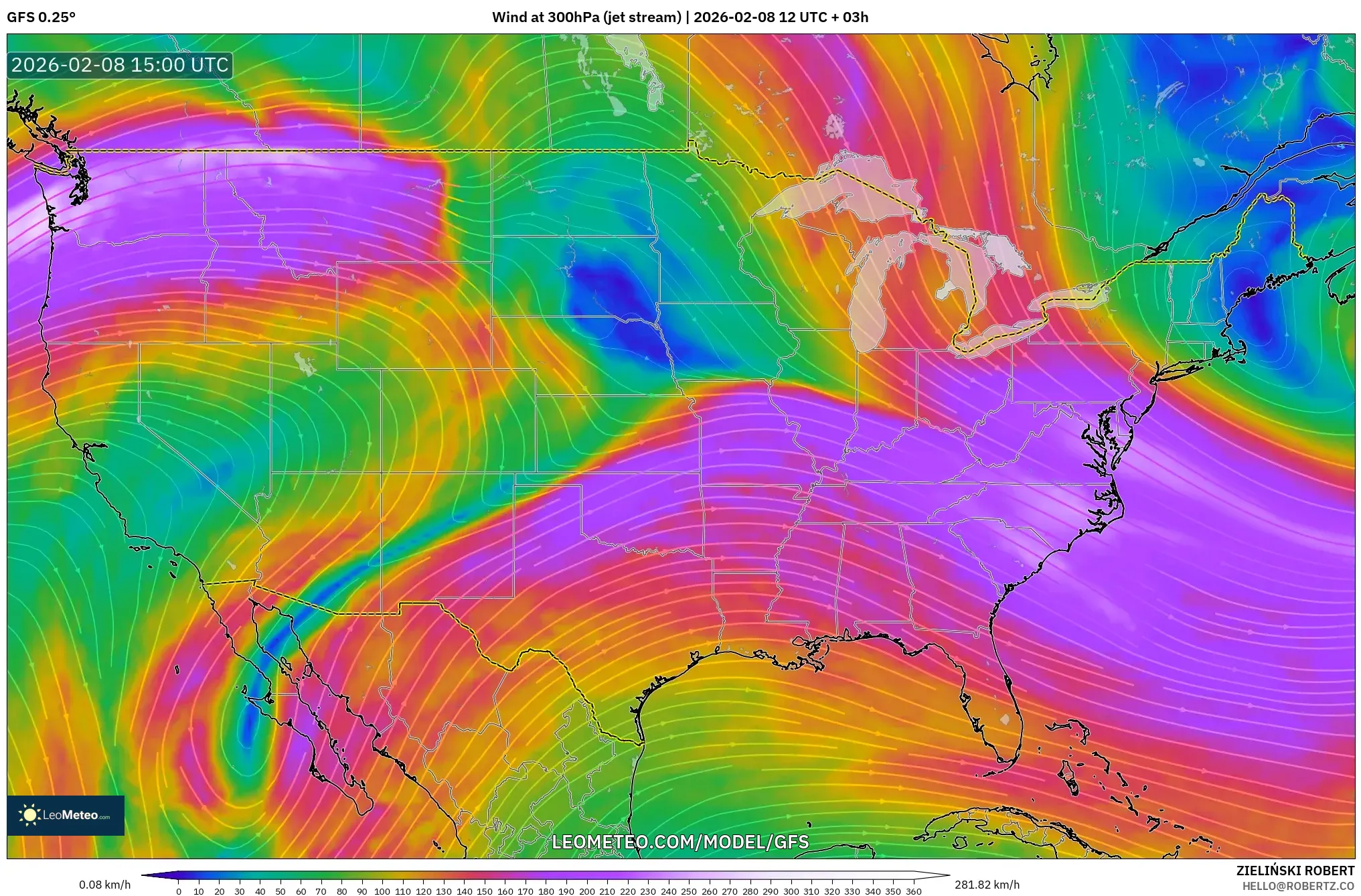 GFS model - United States, Wind at 300hPa (jet stream)