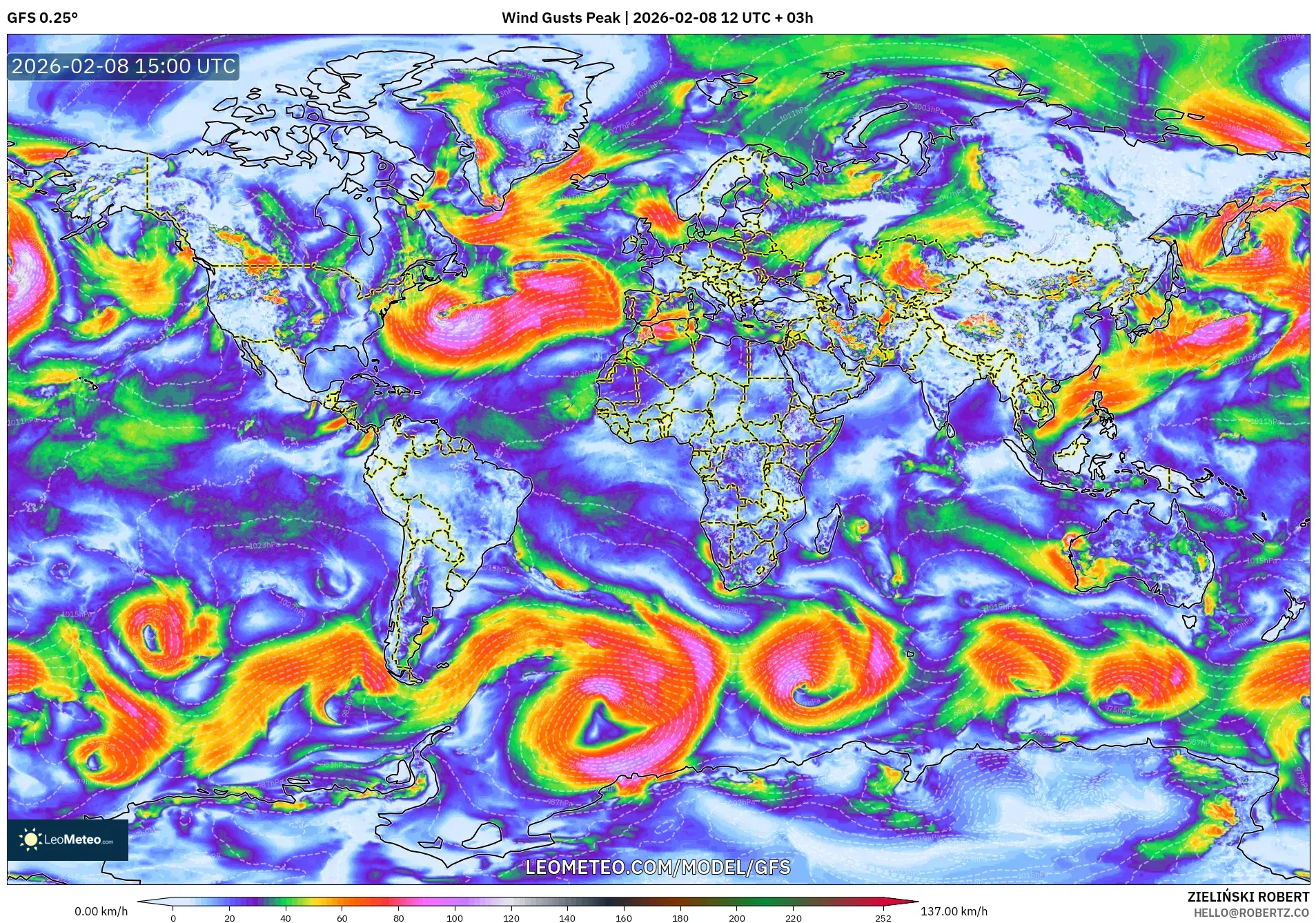 GFS model - World, Wind Gusts Peak