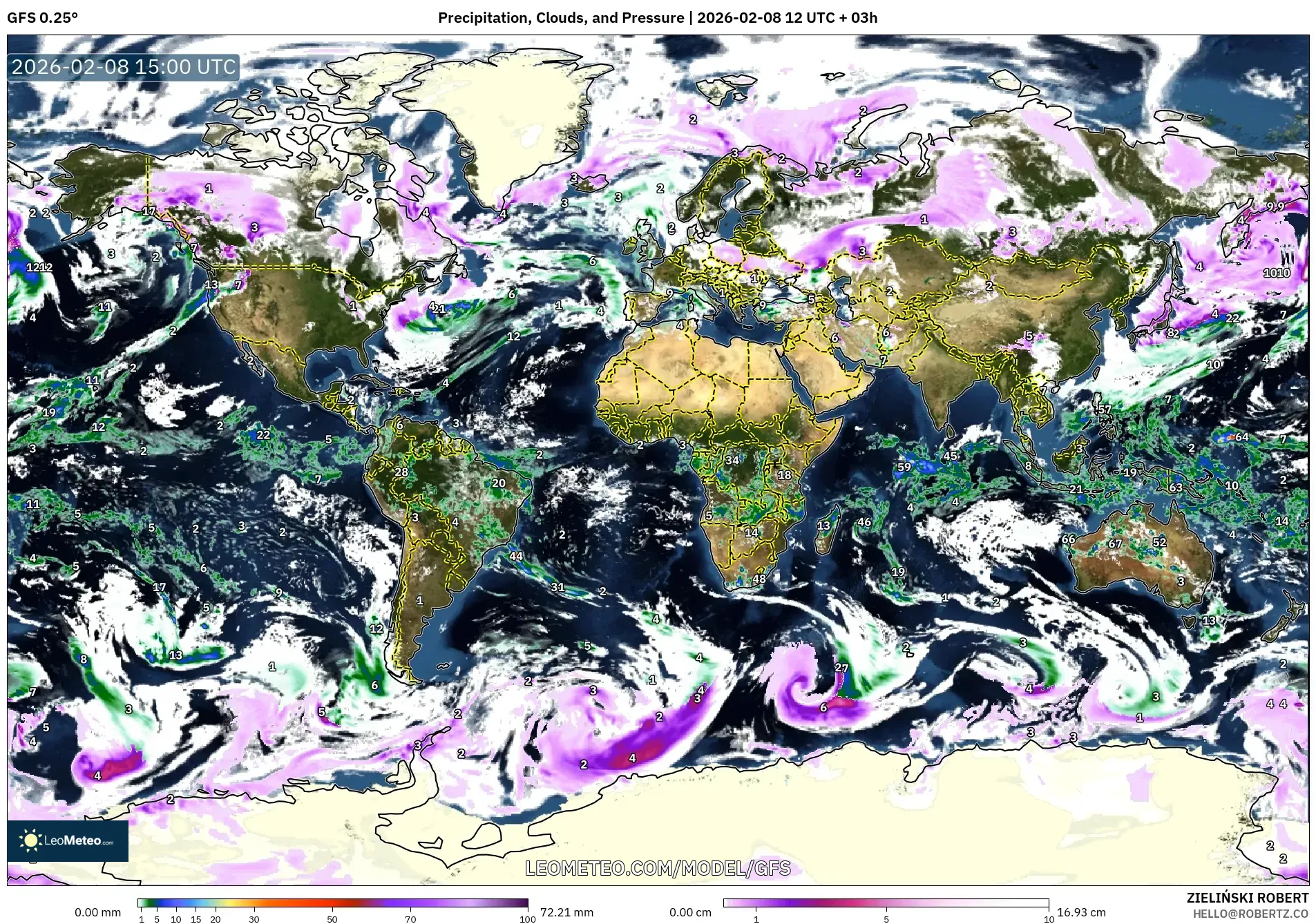 GFS model - World, Precipitation, Clouds, and Pressure