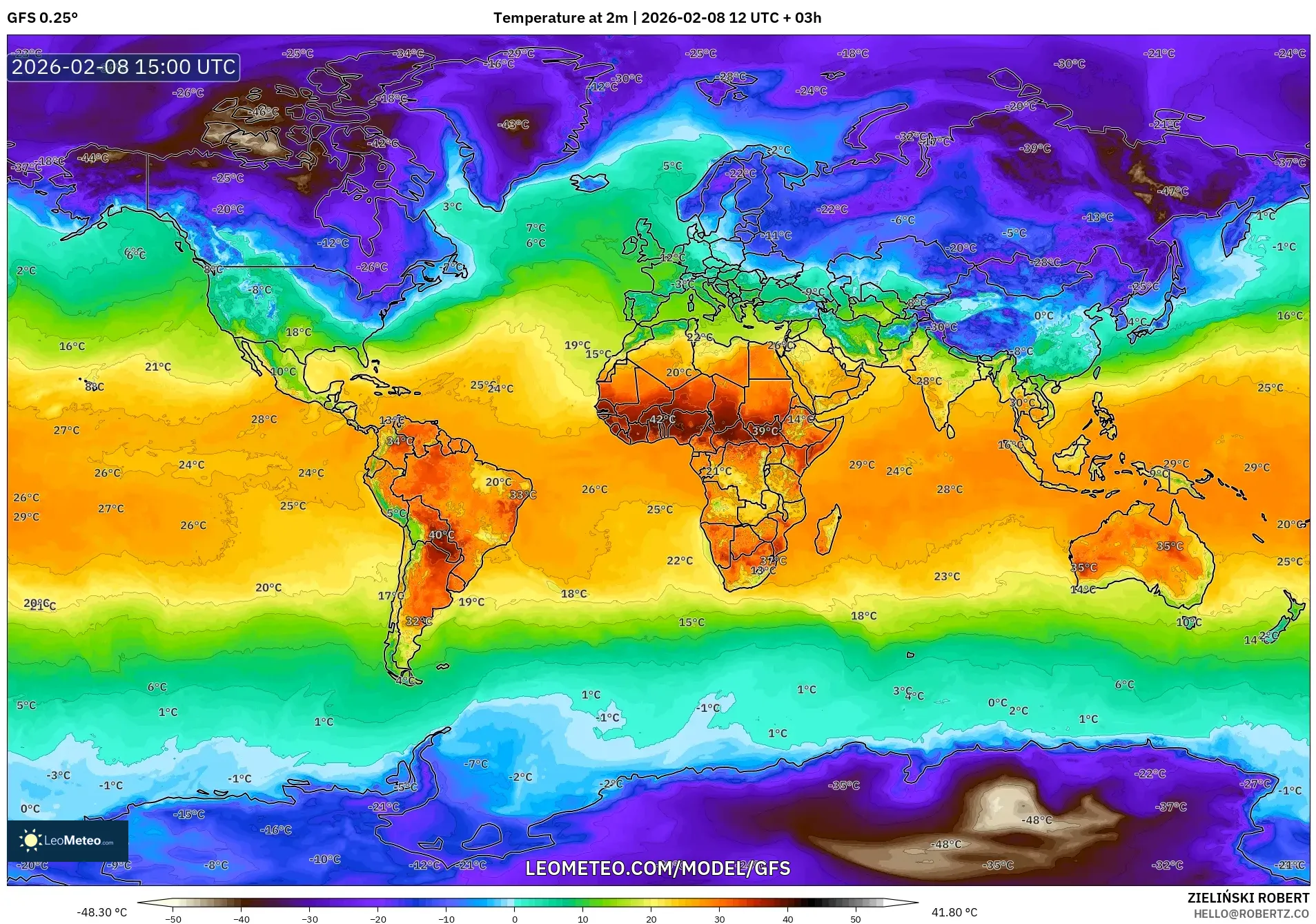 GFS model - World, Temperature at 2m
