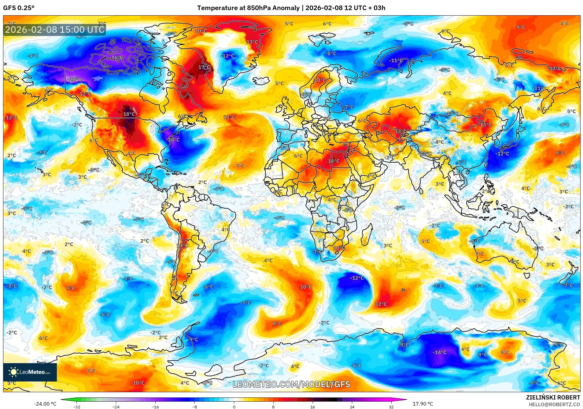 GFS model - World, Temperature at 850hPa Anomaly