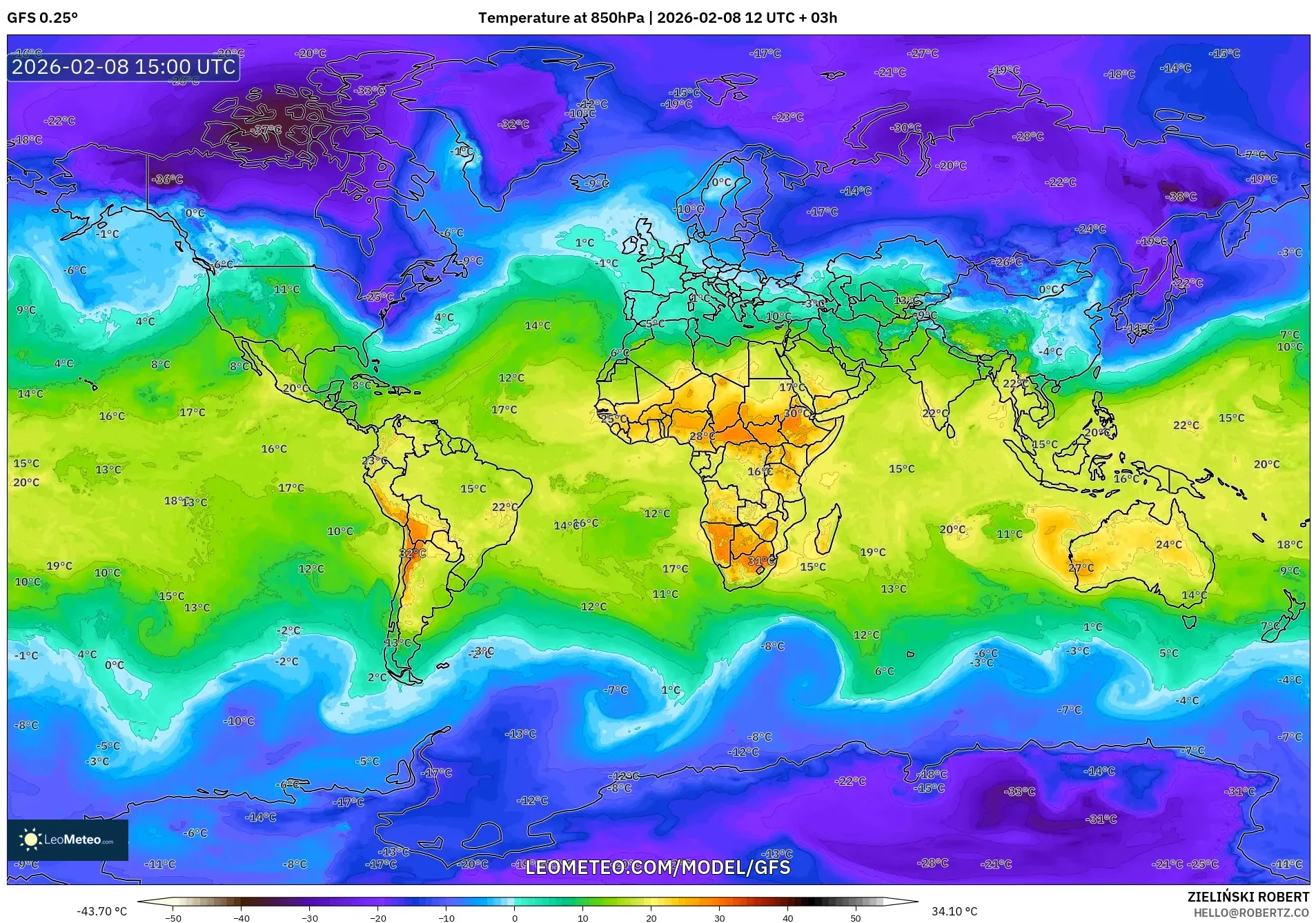 GFS model - World, Temperature at 850hPa