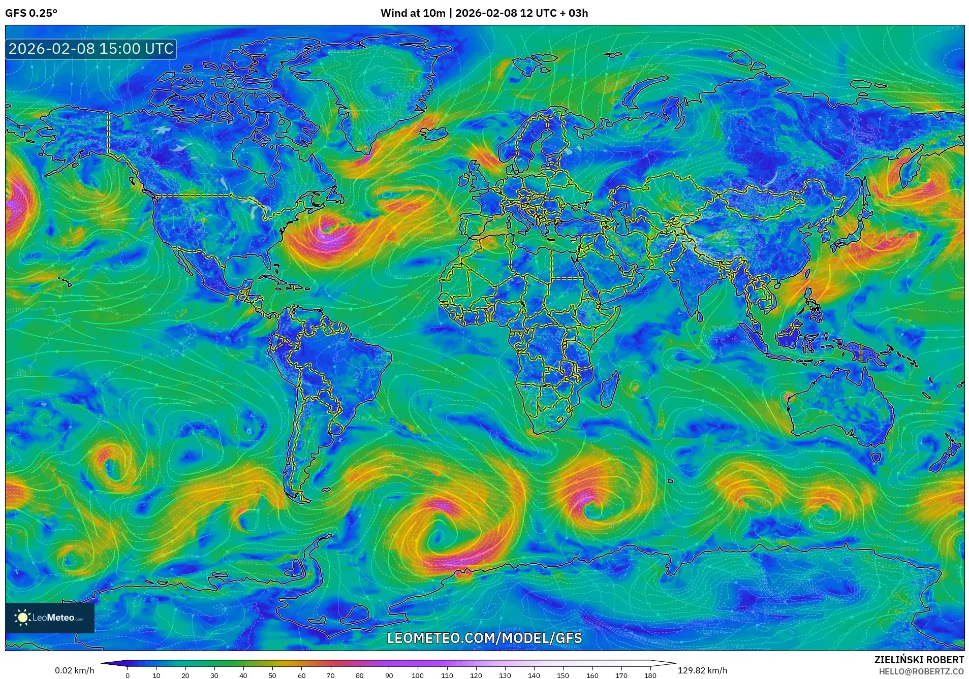GFS model - World, Wind at 10m